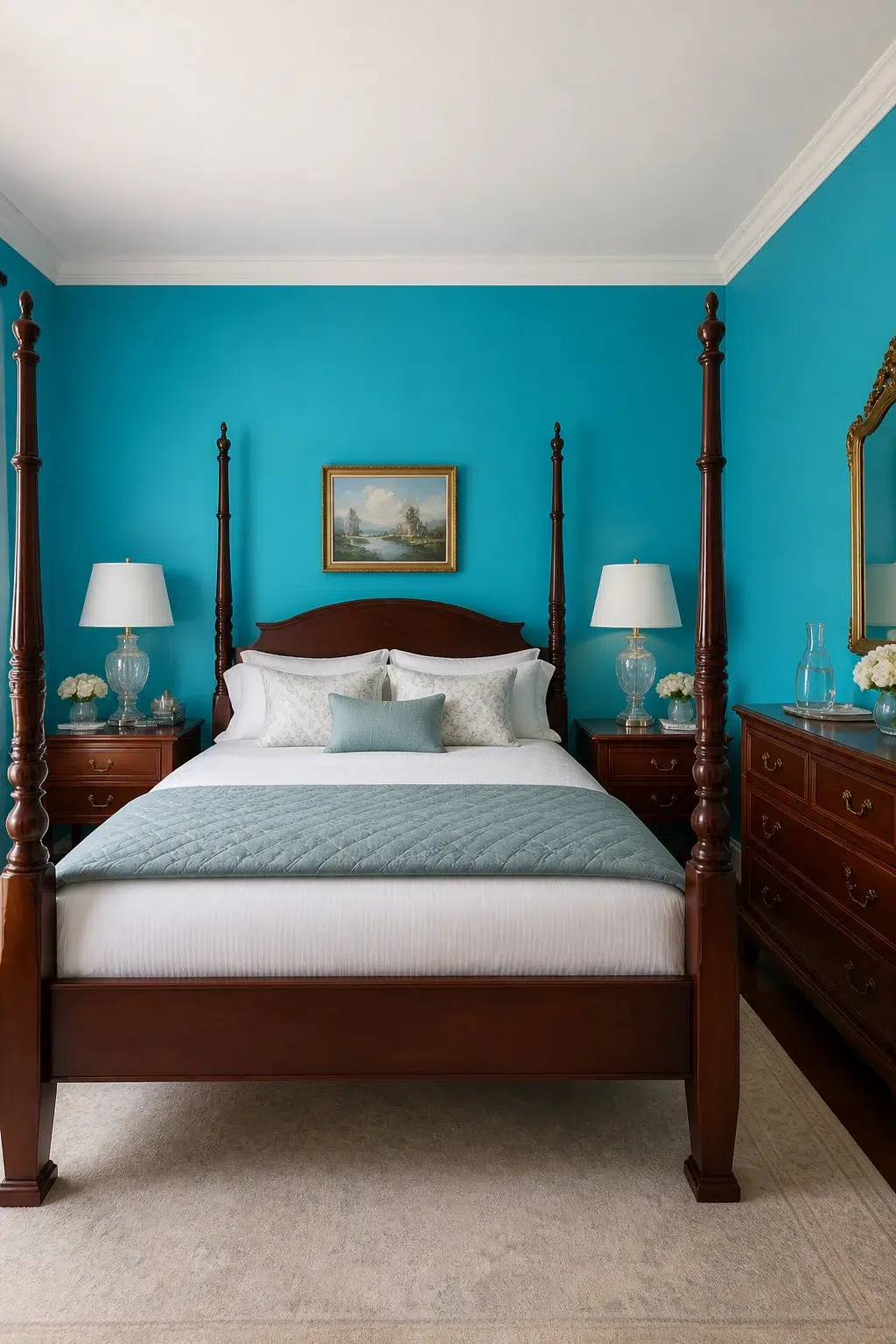 A traditional bedroom painted in Capri