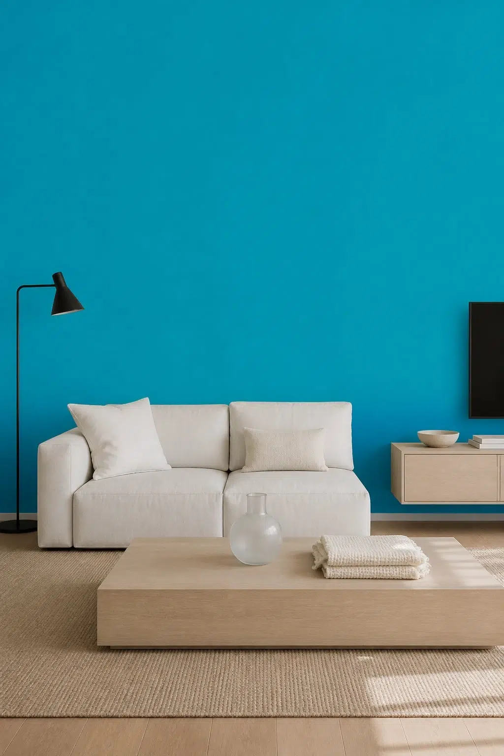 A minimalist living room painted in Capri