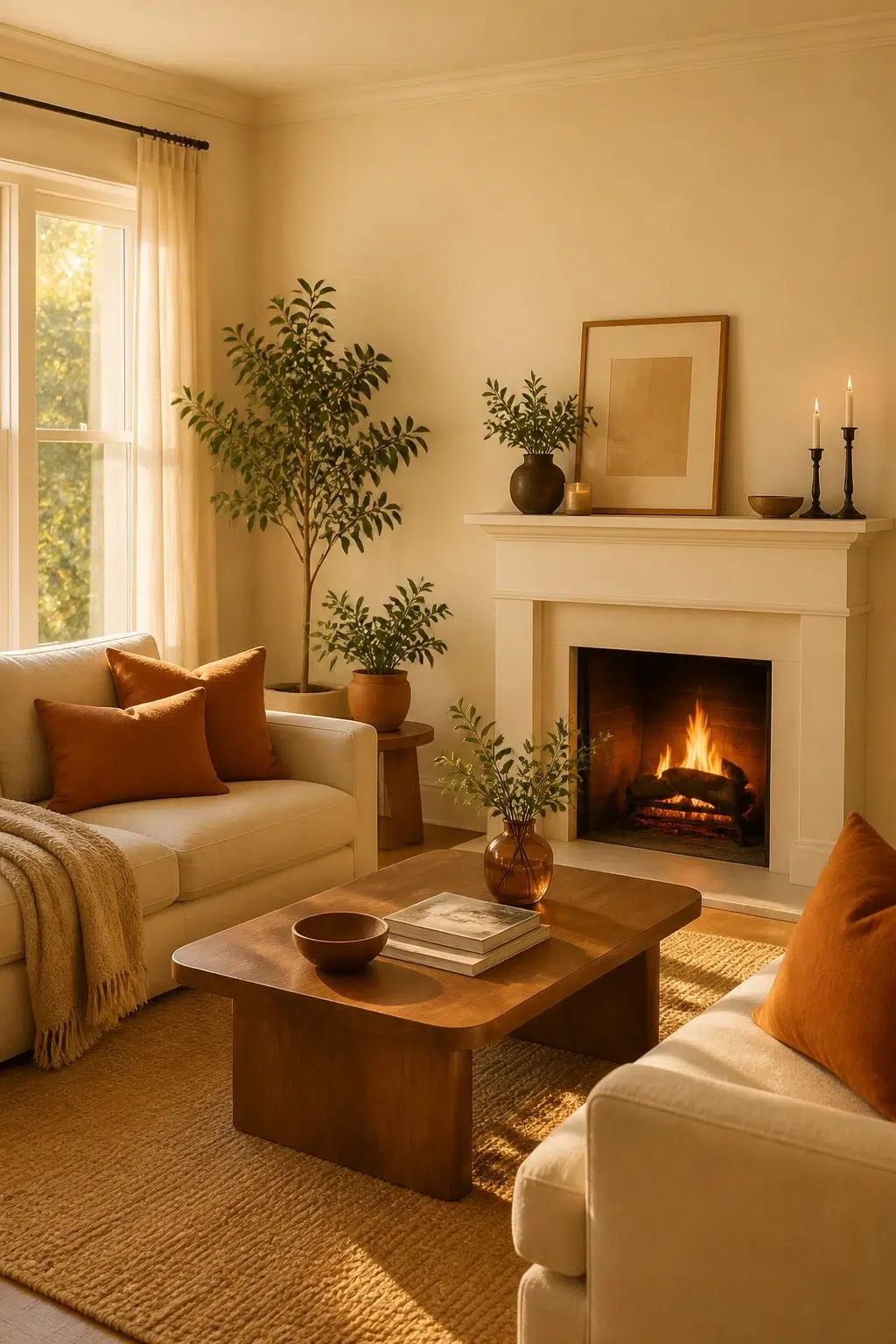 A cozy living room painted in Carambola