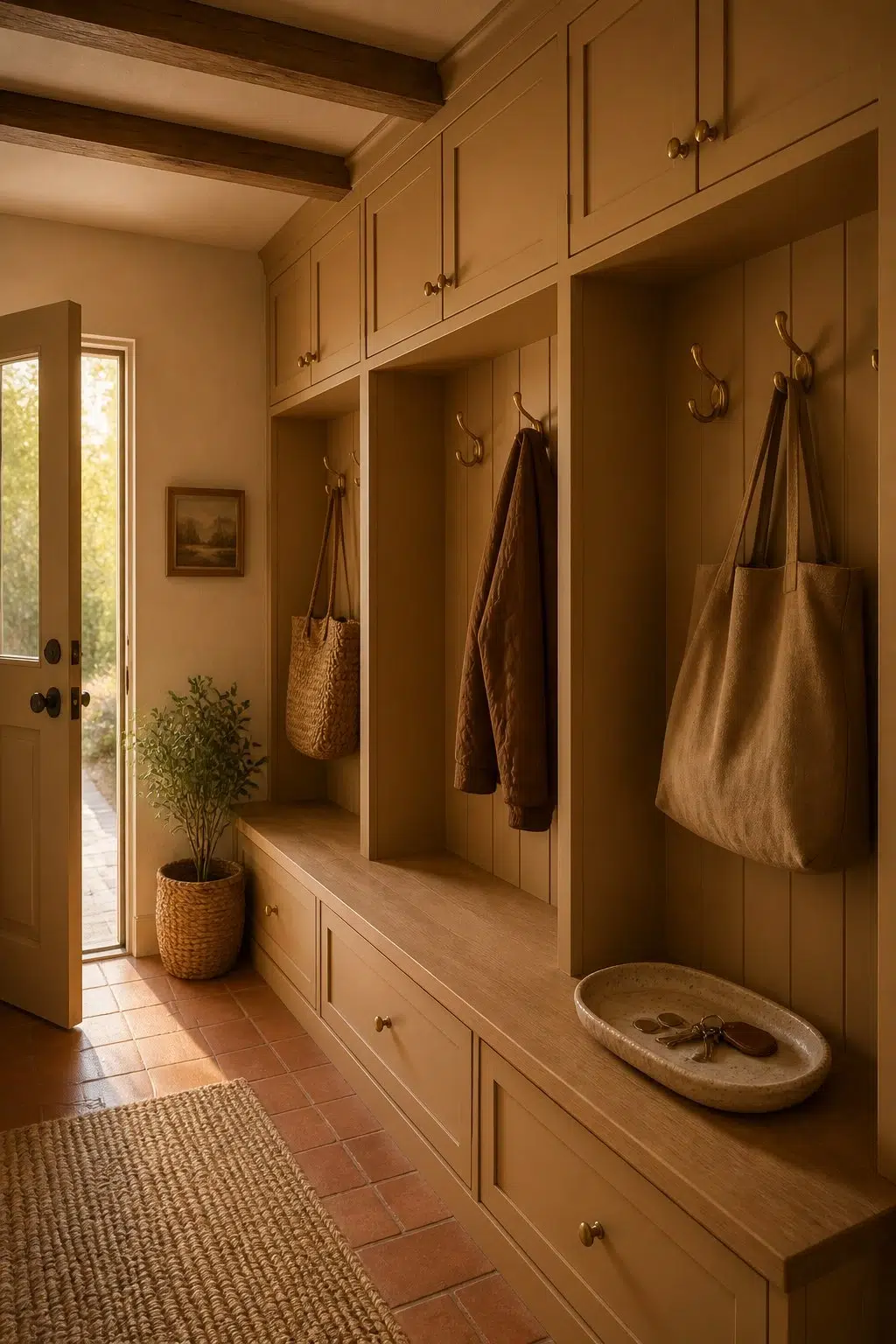 Caramelized paint in a earthy mudroom