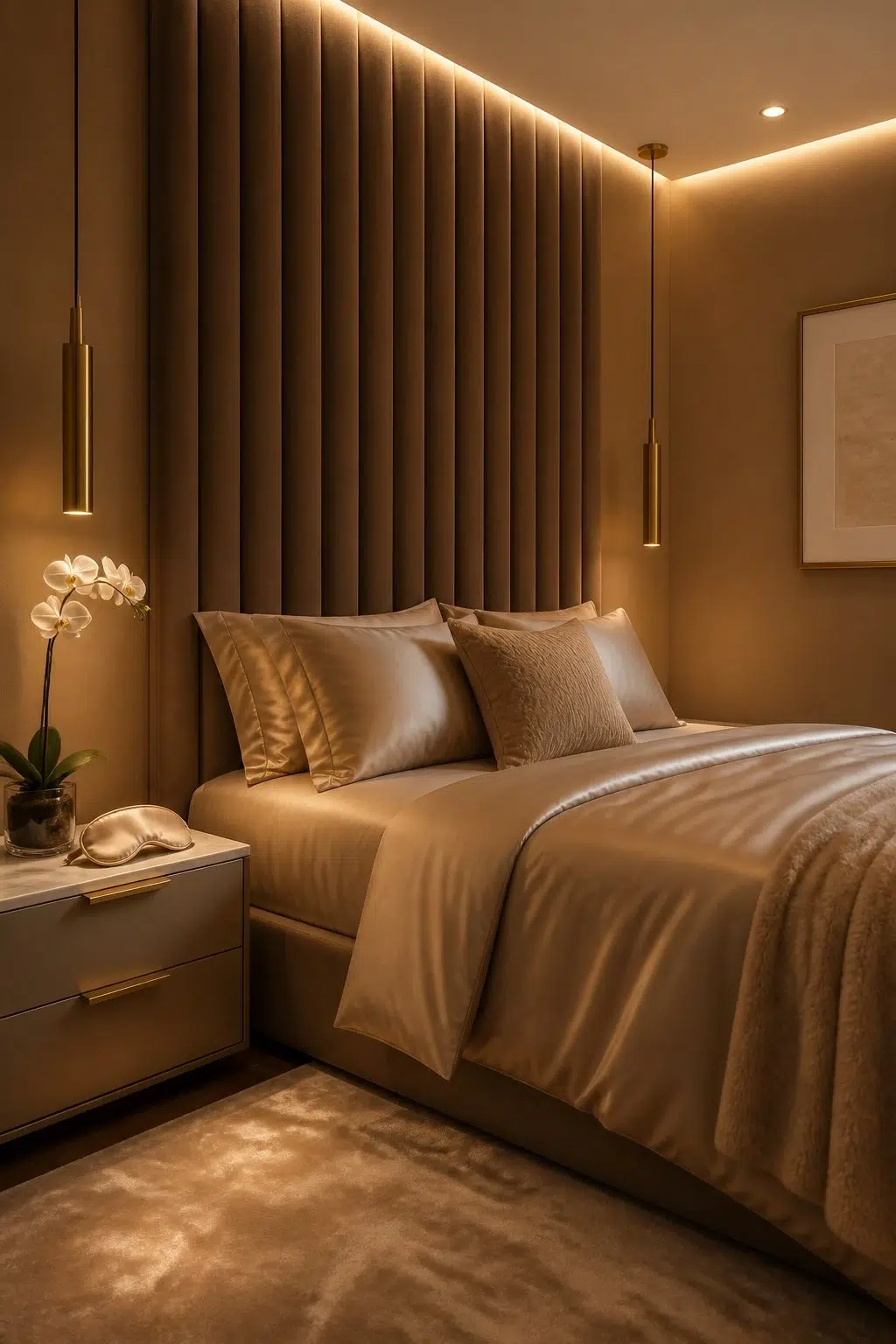 A modern luxury bedroom painted in Cardboard
