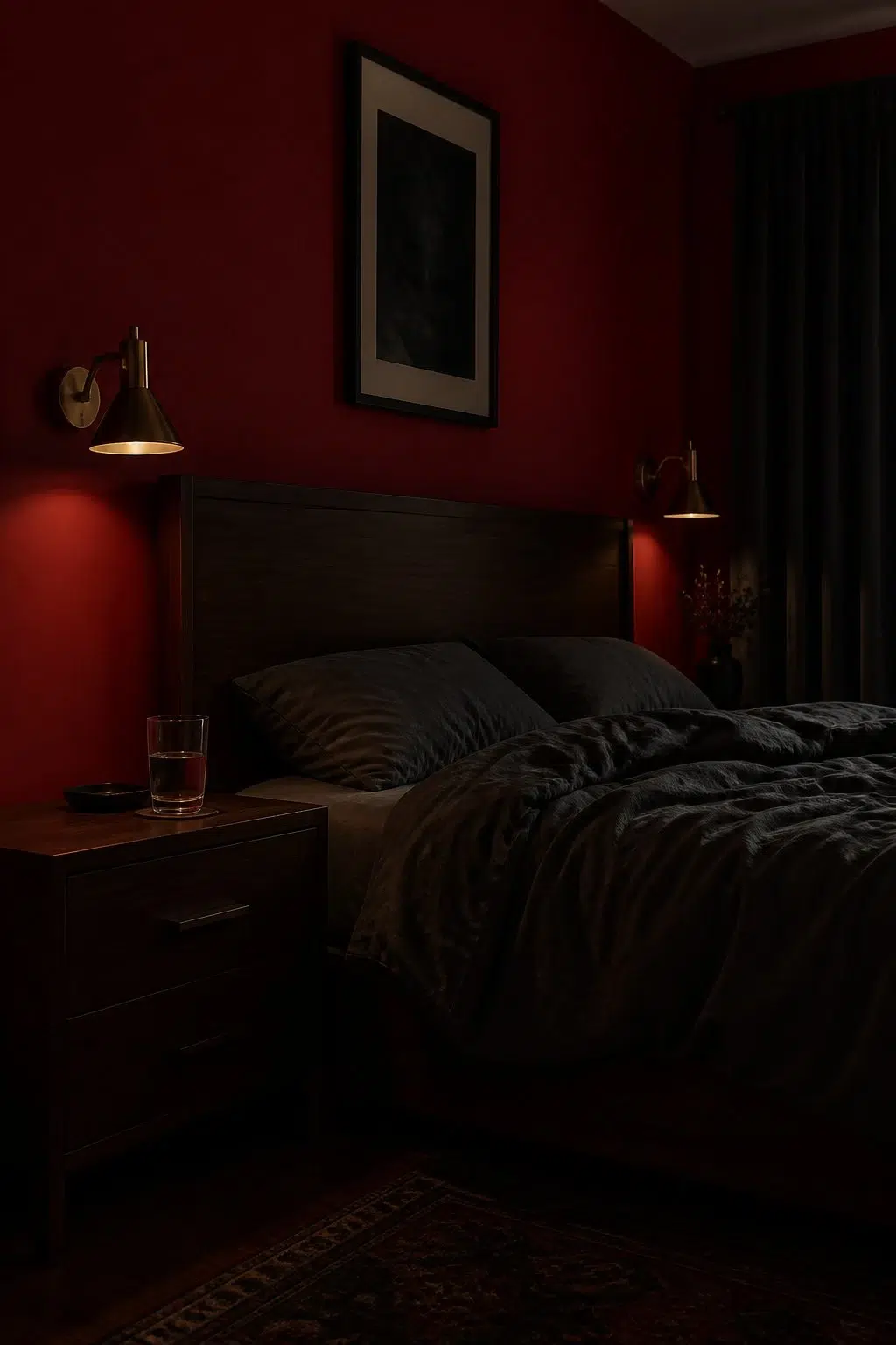 A moody bedroom painted in Cardinal