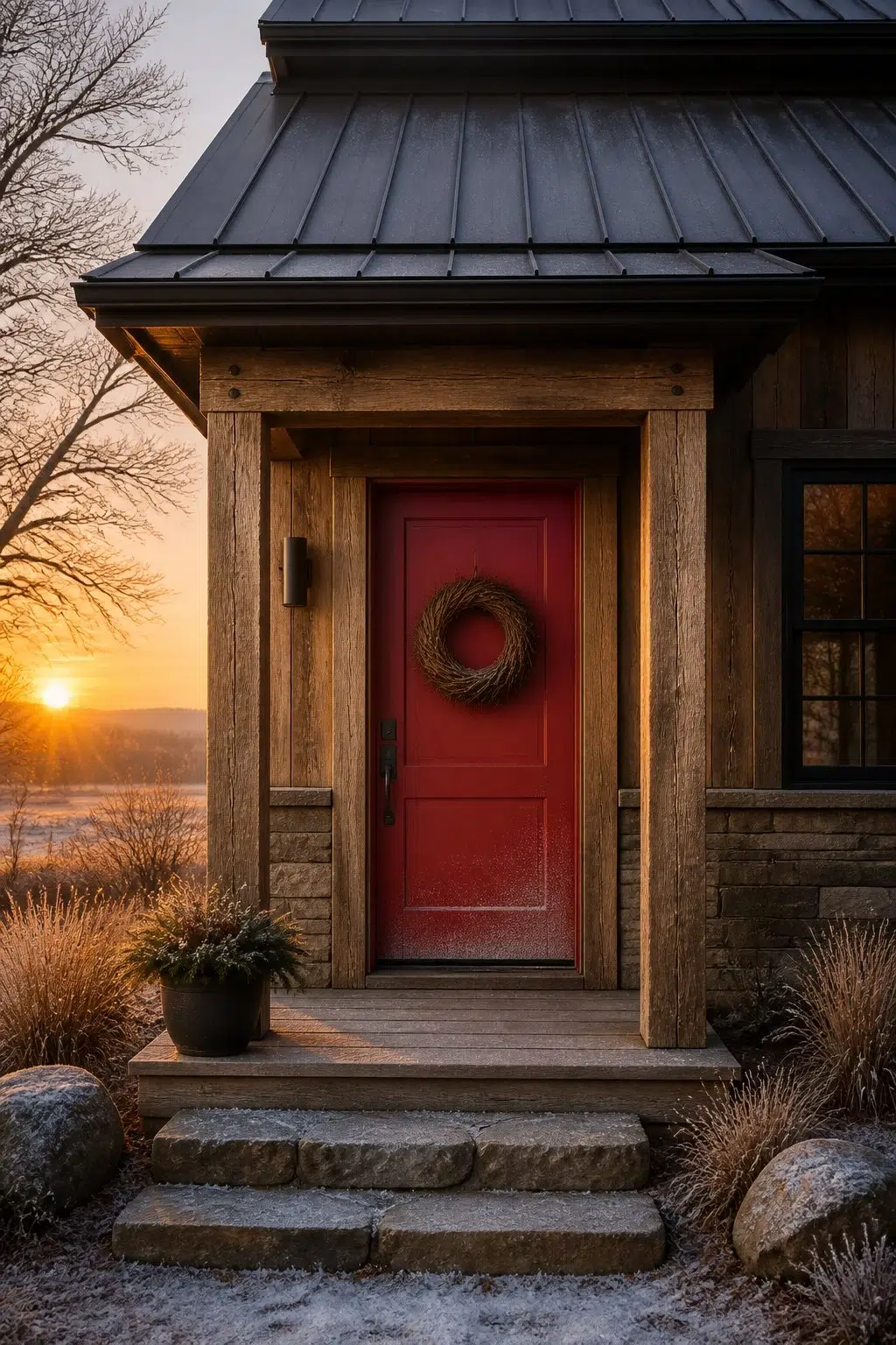 rustic modern front door featuring Cardinal by Sherwin-Williams