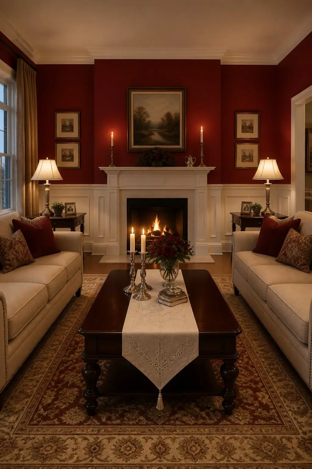 A traditional living room painted in Cardinal