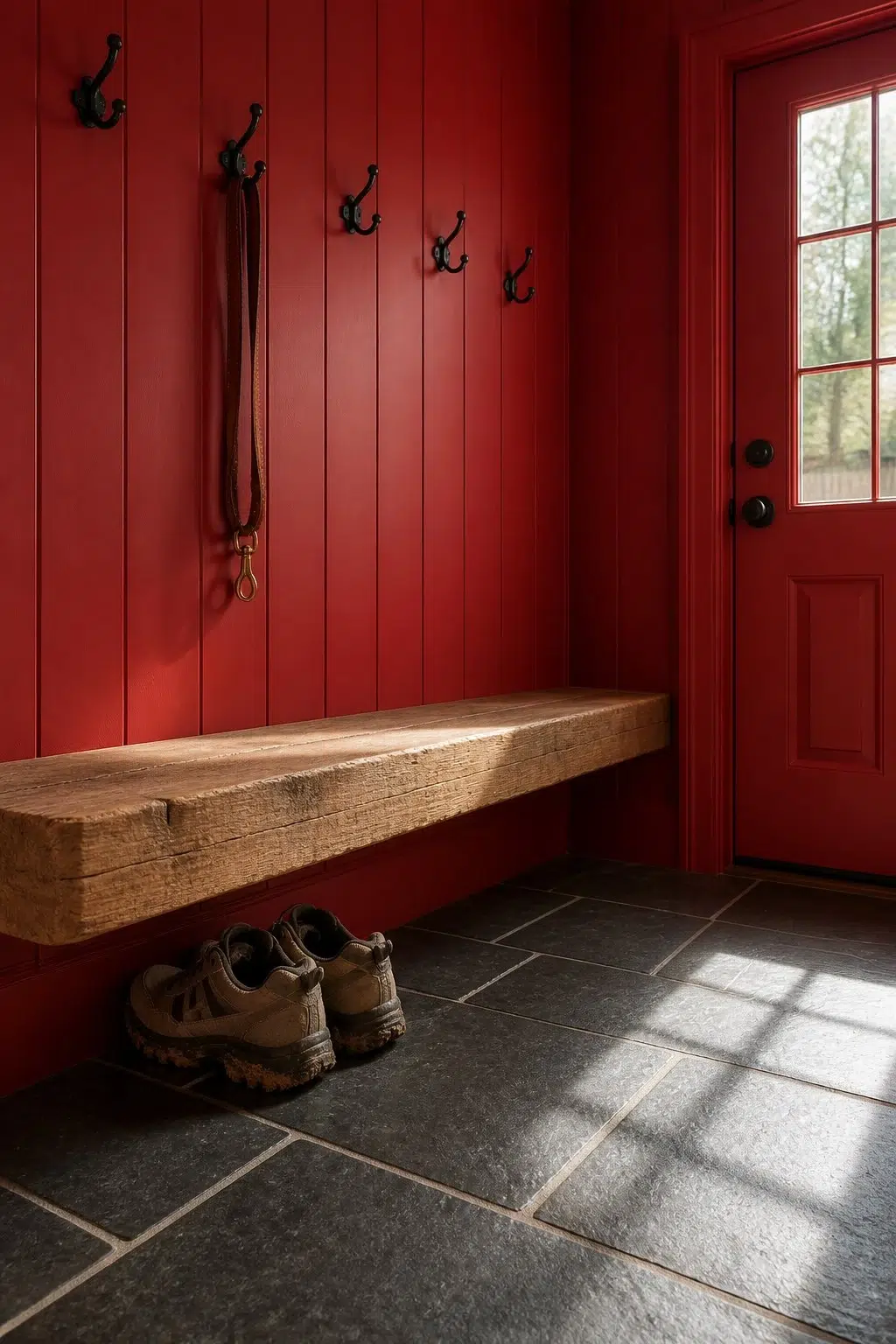 Cardinal paint in a rustic modern mudroom