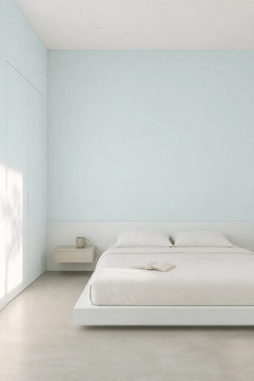 A minimalist bedroom painted in Carefree
