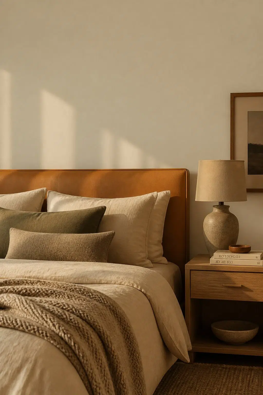 A cozy bedroom painted in Cargo Pants