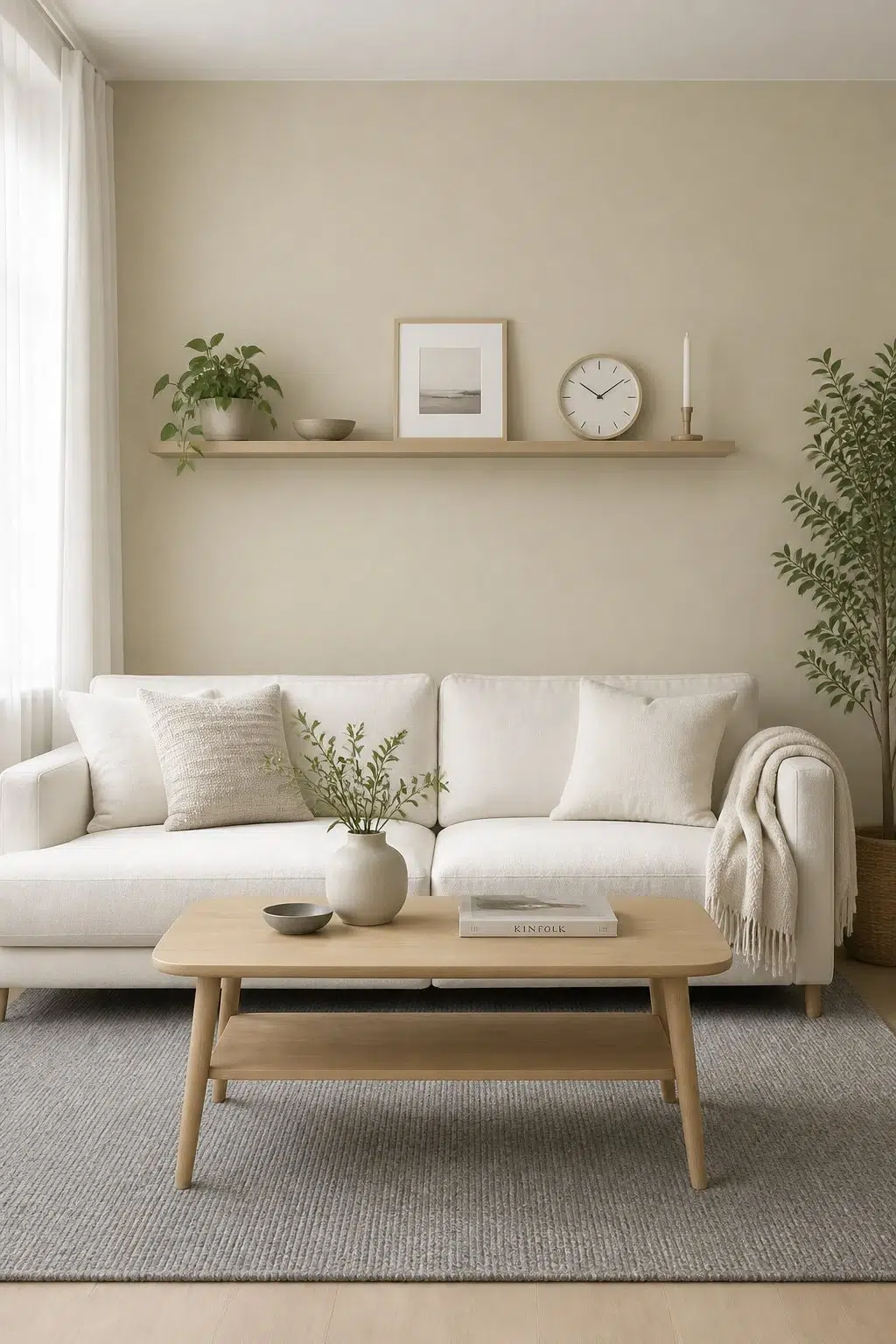 A scandinavian living room painted in Cargo Pants