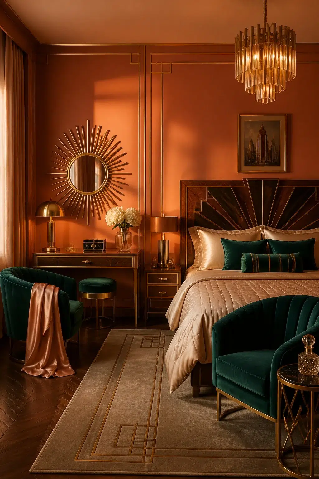 A art deco bedroom painted in Caribbean Coral