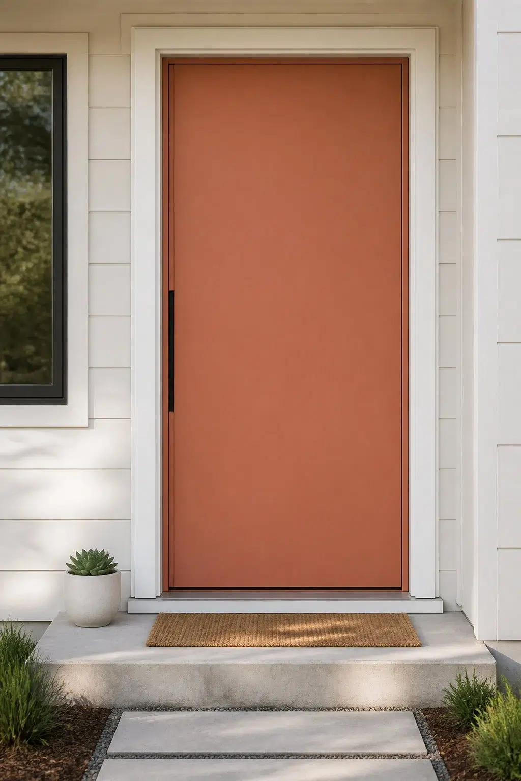 minimalist front door featuring Caribbean Coral by Sherwin-Williams