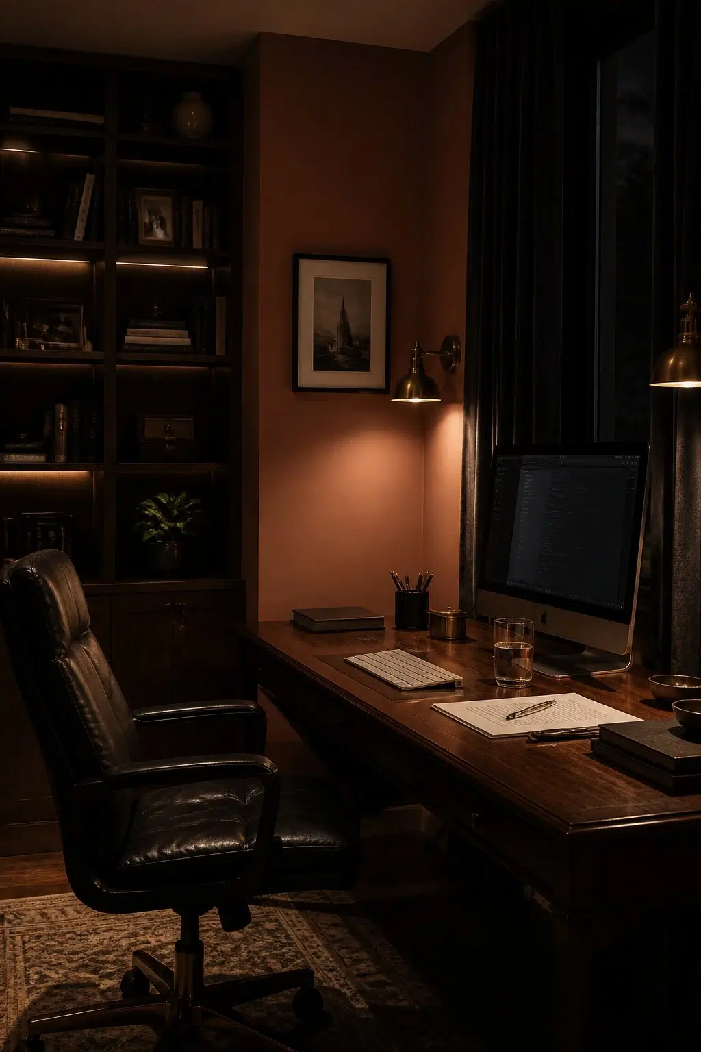 Sherwin-Williams Caribbean Coral in a moody home office