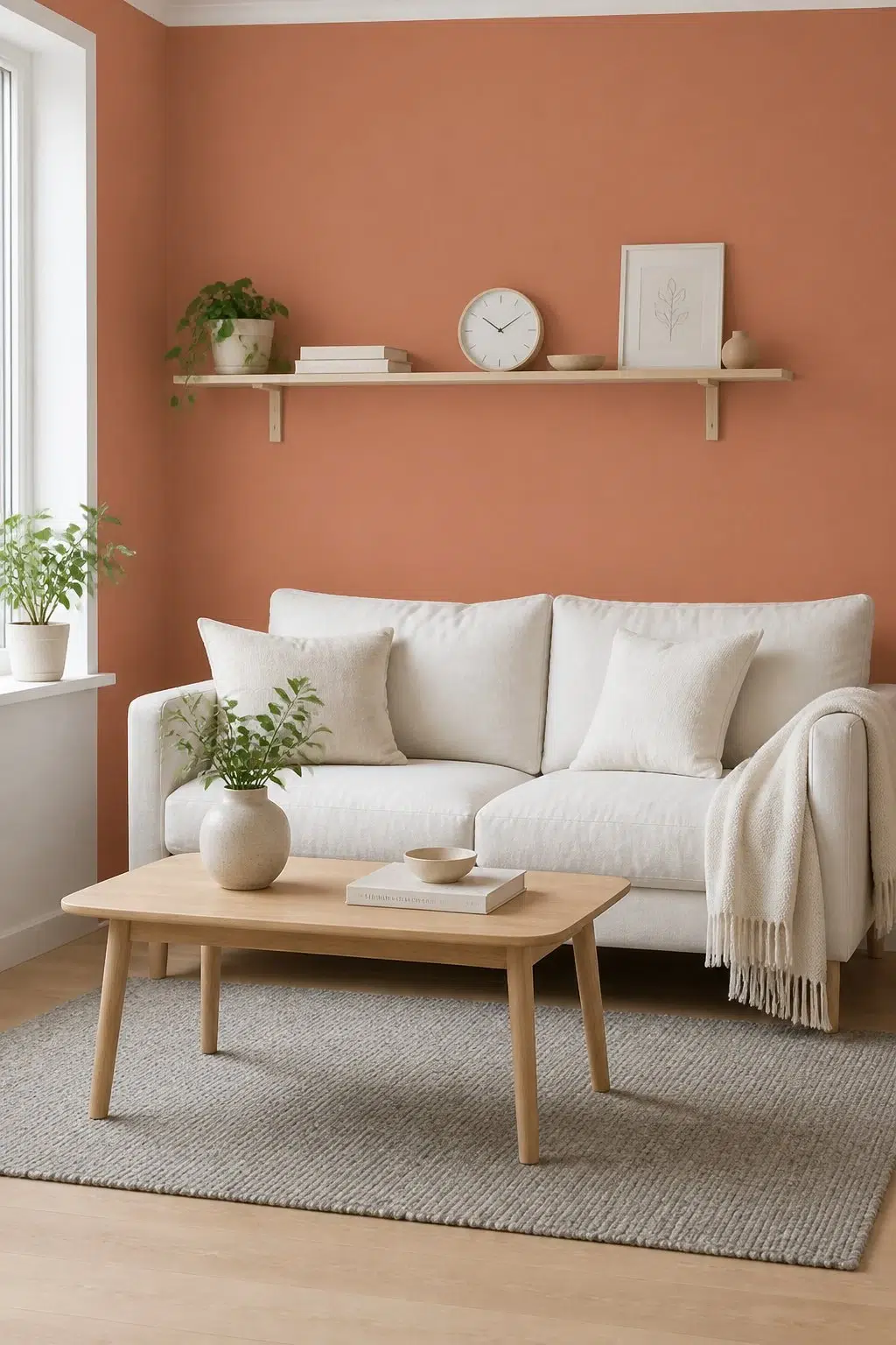 A scandinavian living room painted in Caribbean Coral