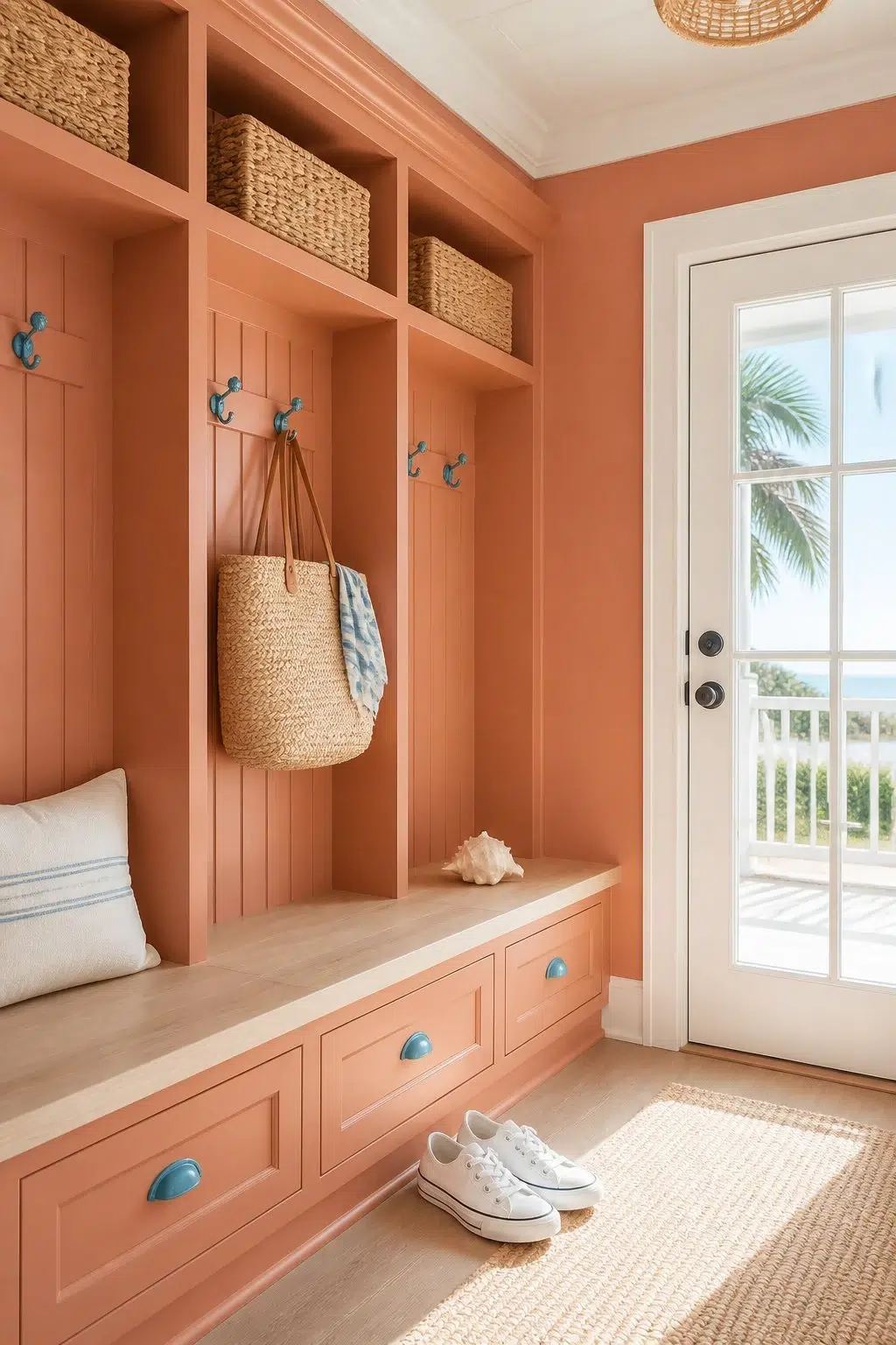 Caribbean Coral paint in a coastal mudroom