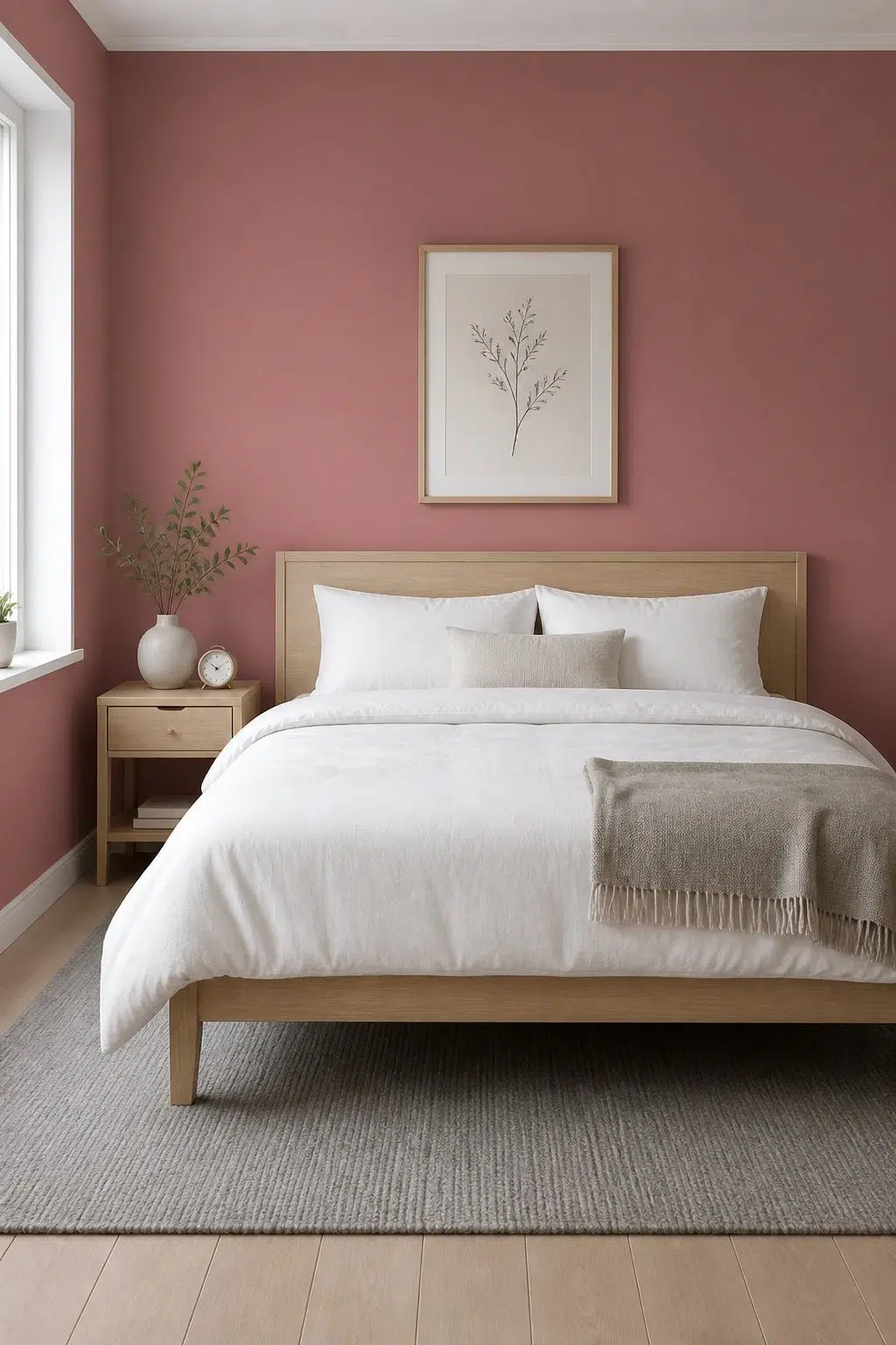 A scandinavian bedroom painted in Carley's Rose