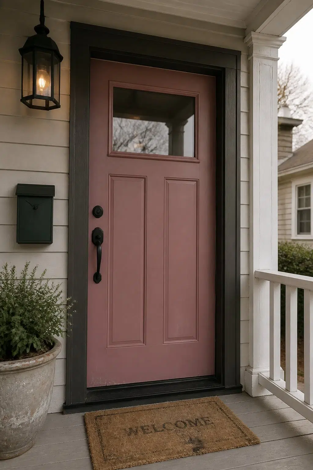 bold front door featuring Carley's Rose by Sherwin-Williams