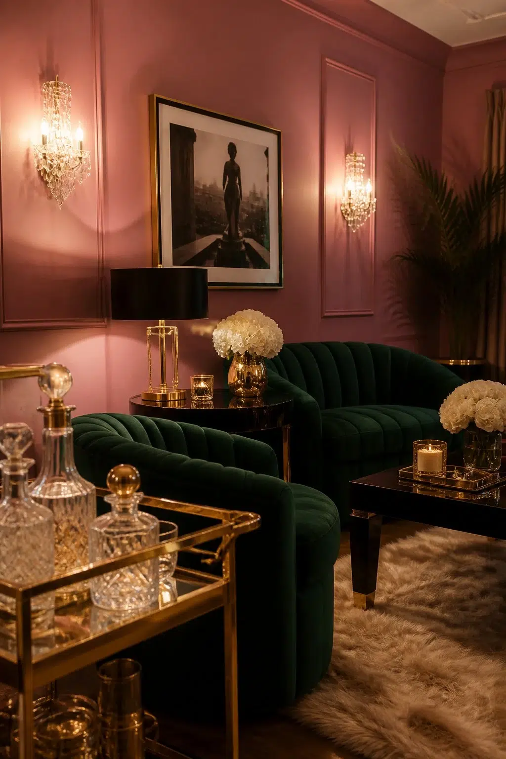 A hollywood regency living room painted in Carley's Rose