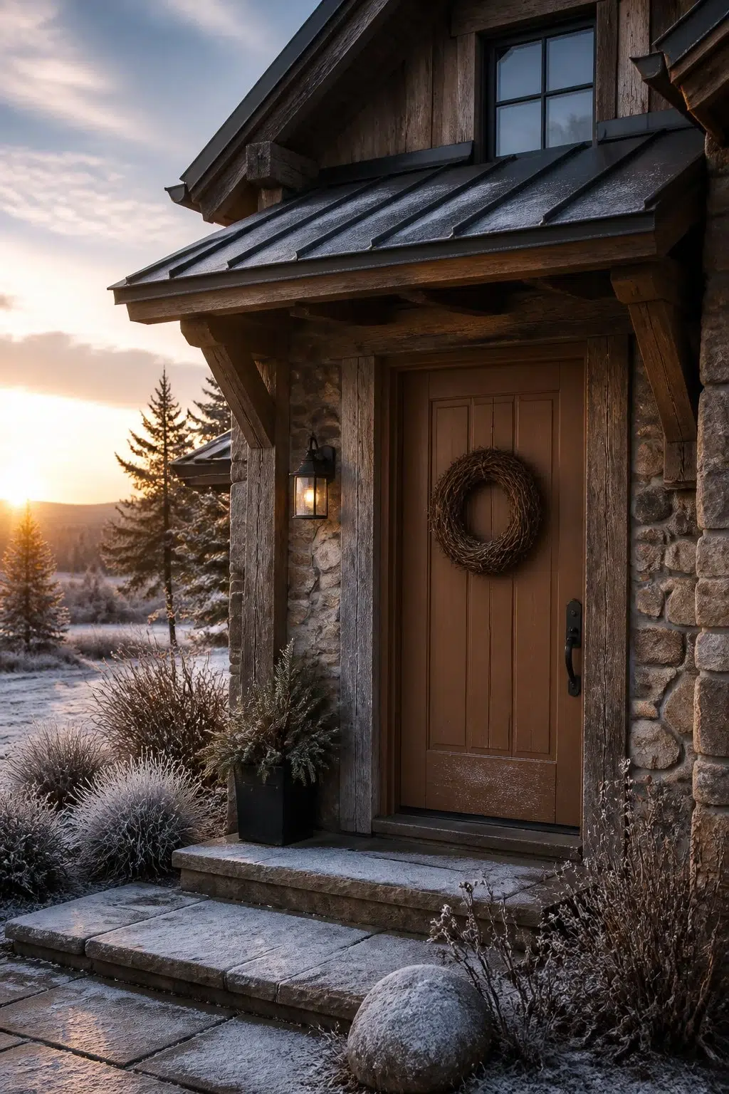 rustic modern front door featuring Carmel by Sherwin-Williams