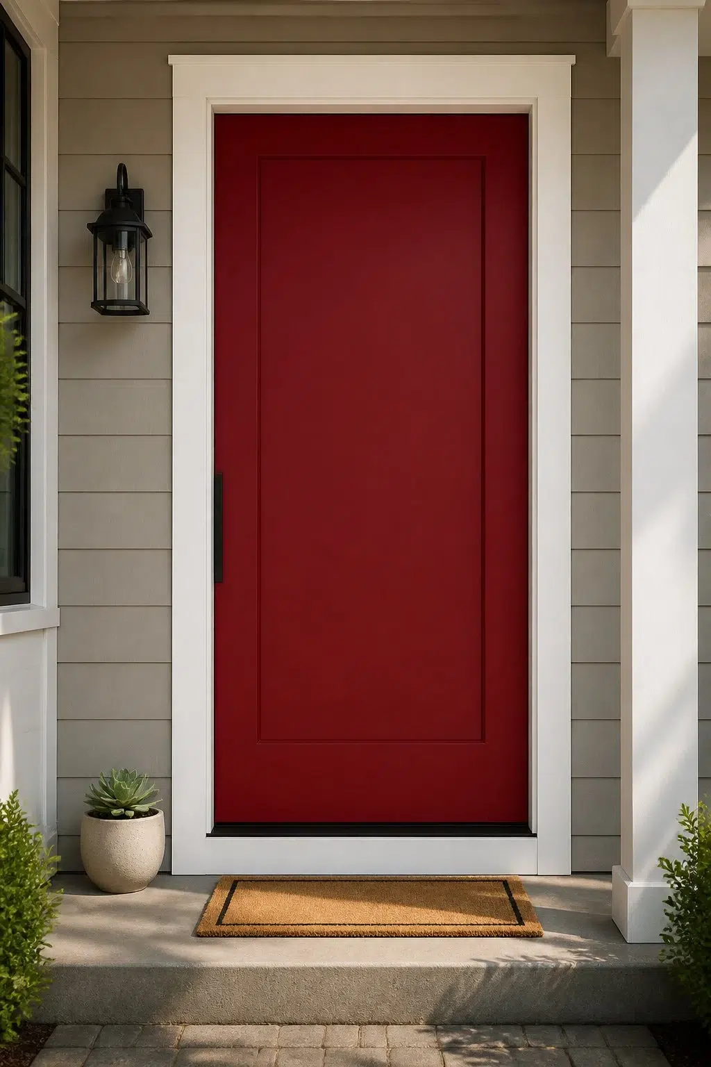 minimalist front door featuring Carmine by Sherwin-Williams