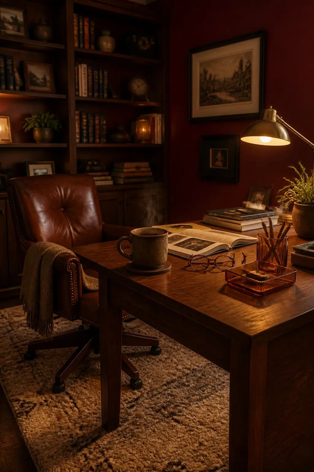 Sherwin-Williams Carmine in a warm home office
