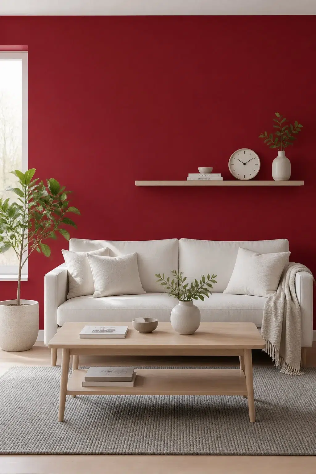 A scandinavian living room painted in Carmine