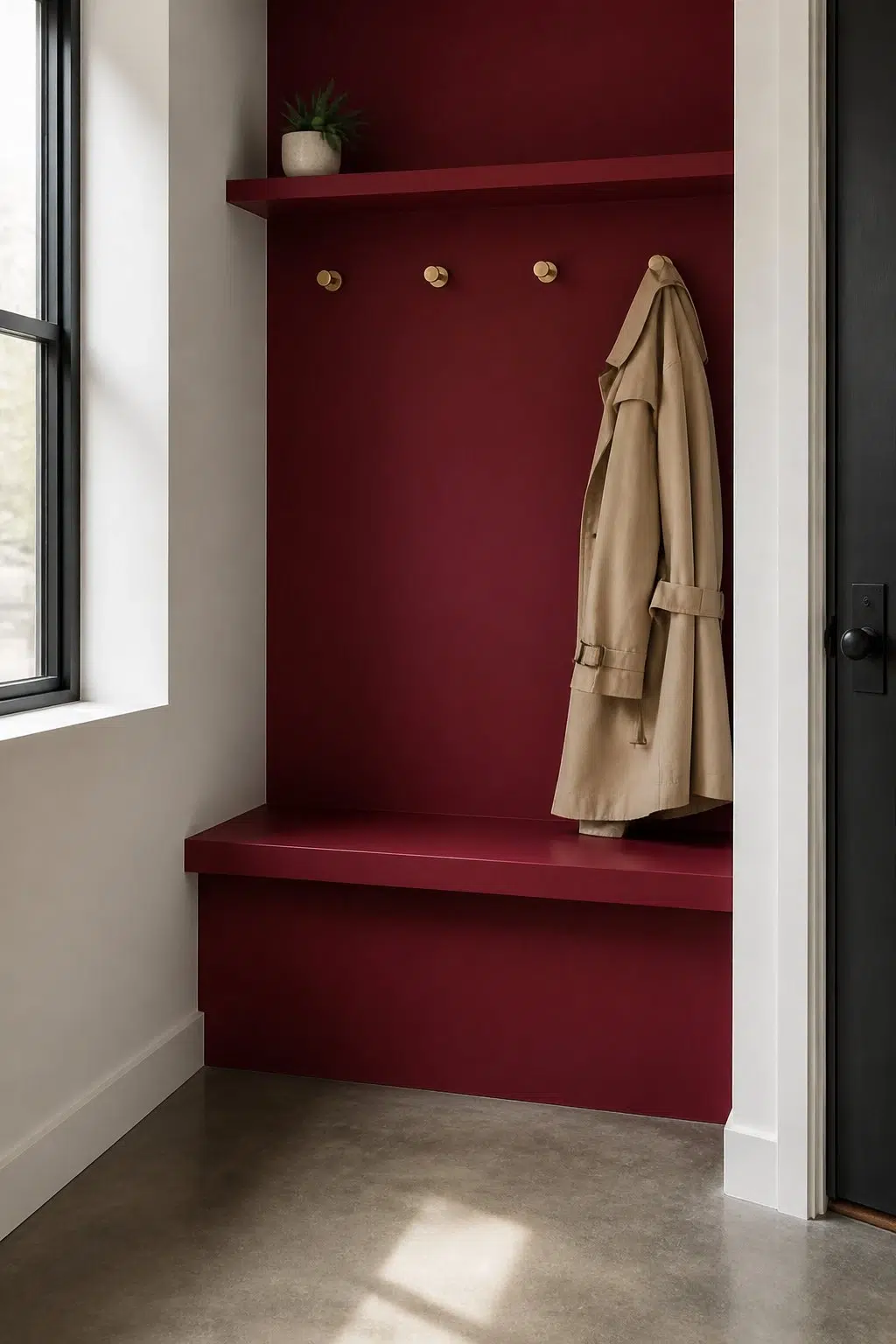 Carmine paint in a tiny mudroom