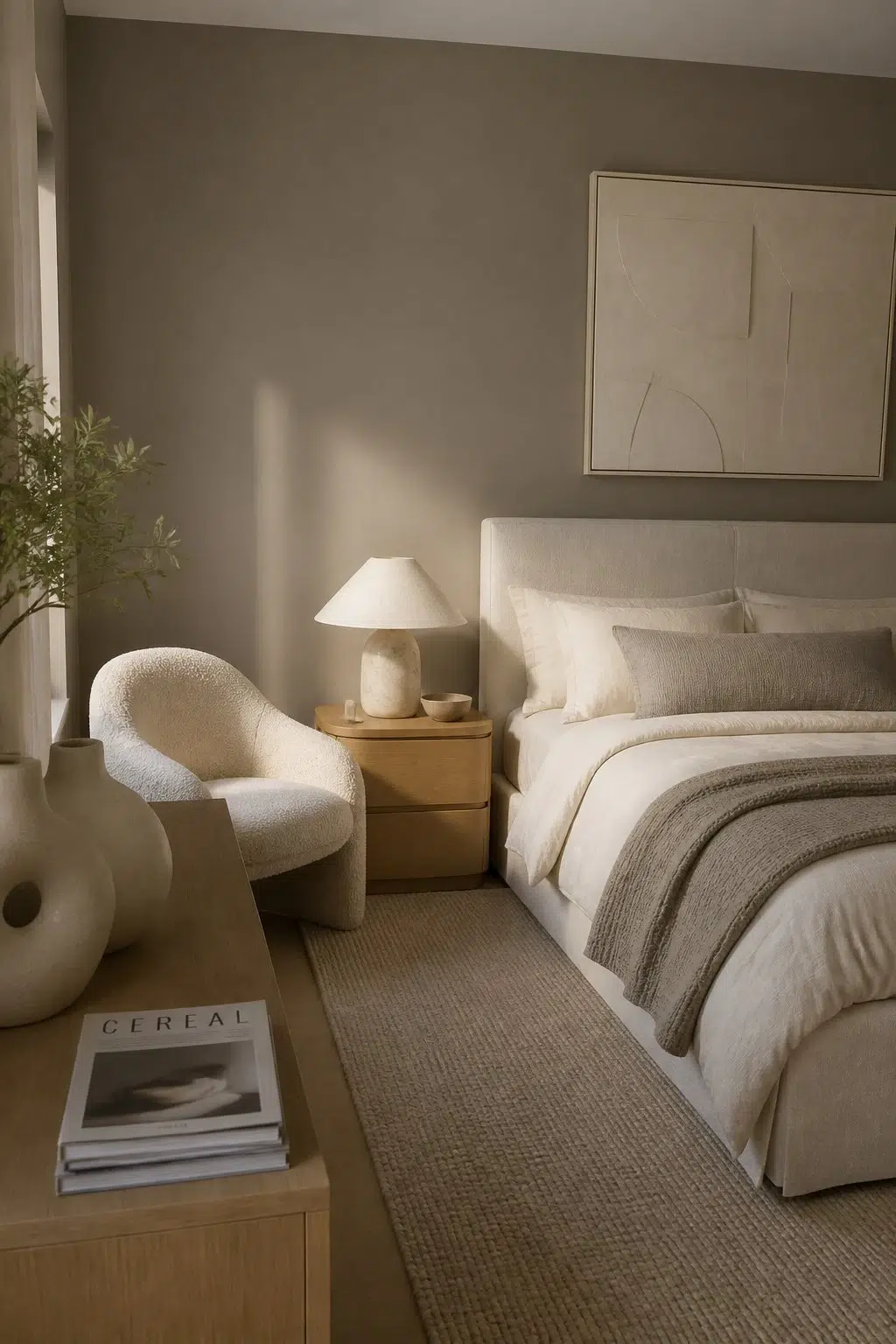 A organic modern bedroom painted in Carriage Stone