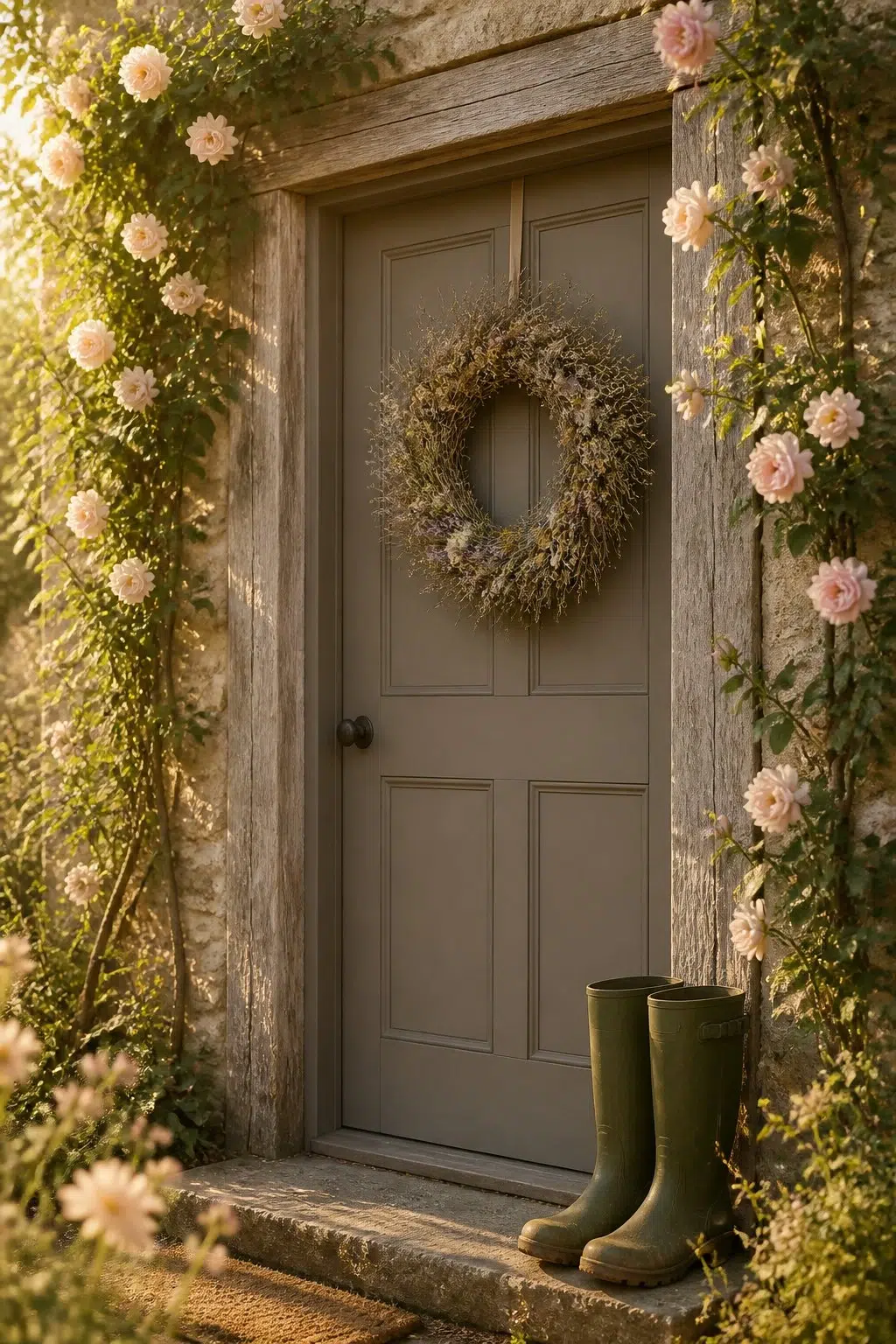 cottagecore front door featuring Carriage Stone by Sherwin-Williams
