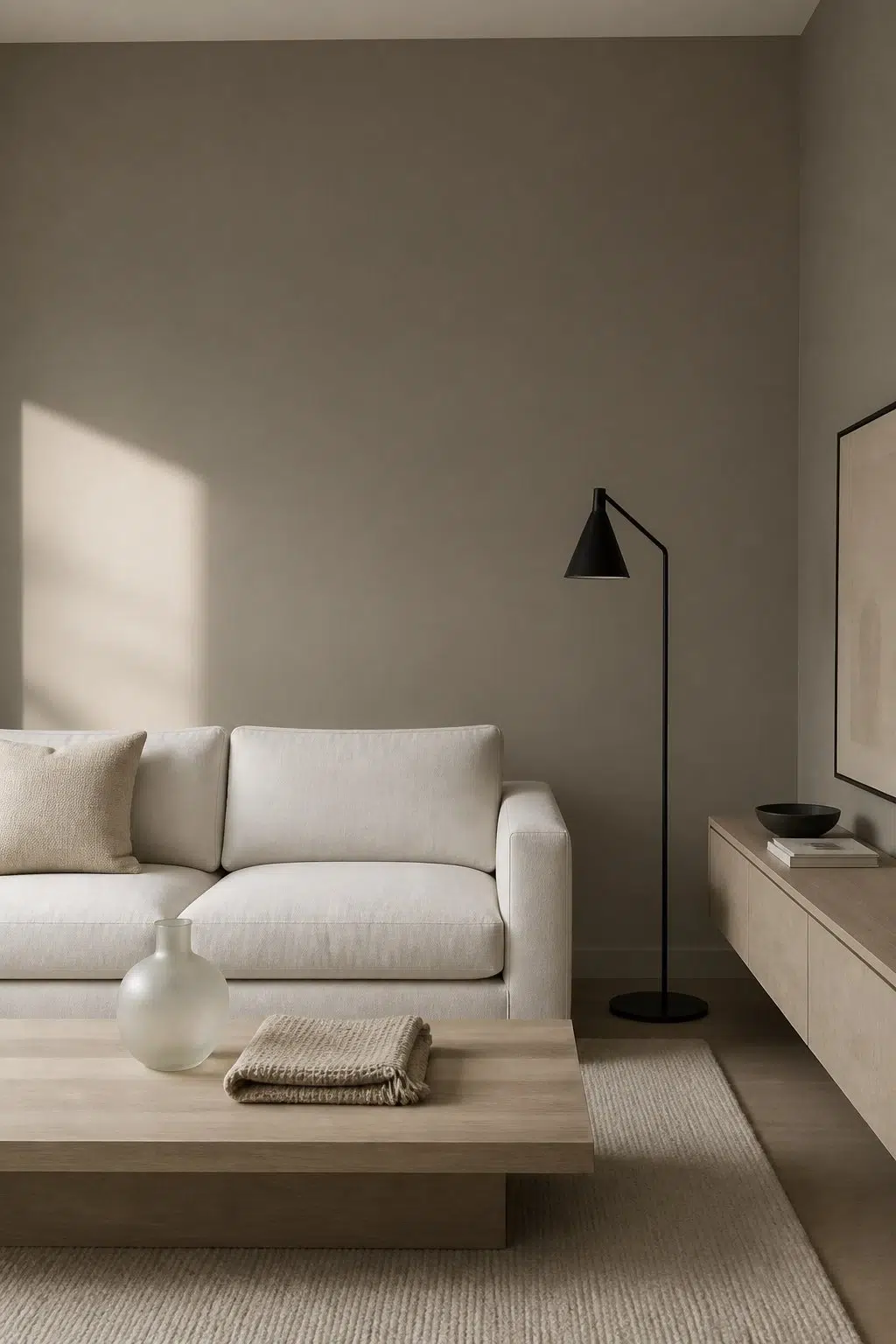A minimalist living room painted in Carriage Stone