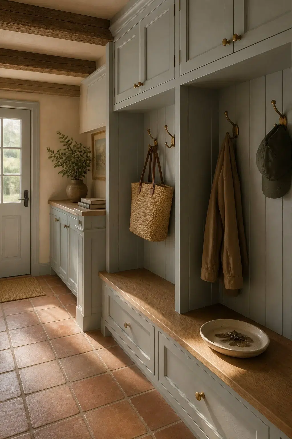 Sherwin-Williams Castlegate in a earthy mudroom