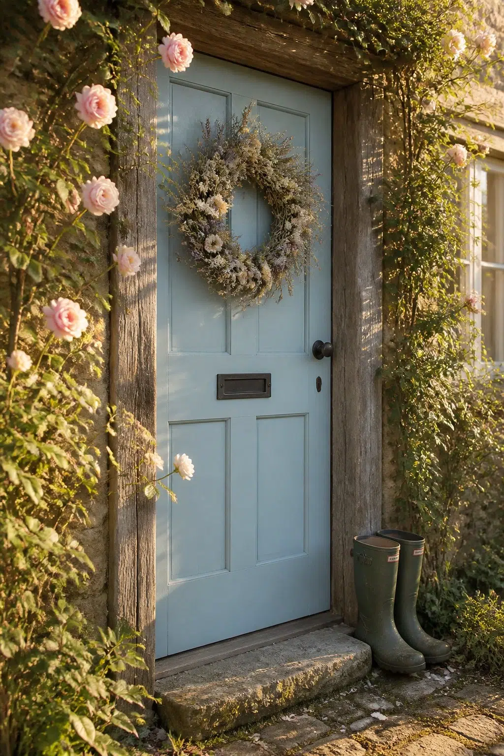 cottagecore front door featuring Cay by Sherwin-Williams