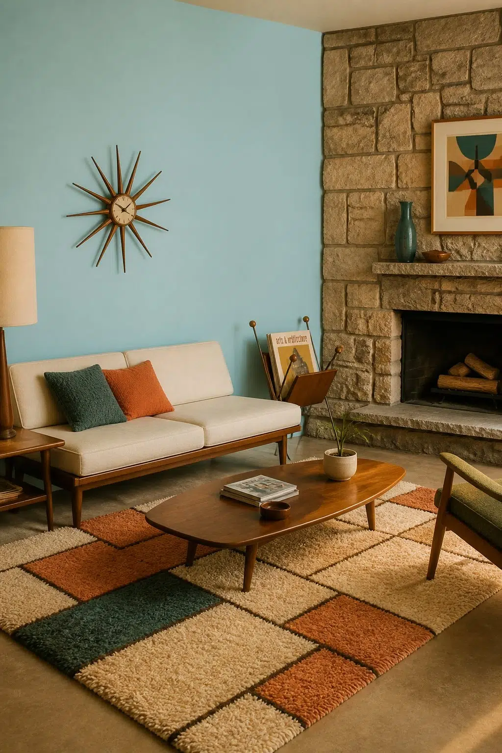 A mid century living room painted in Cay