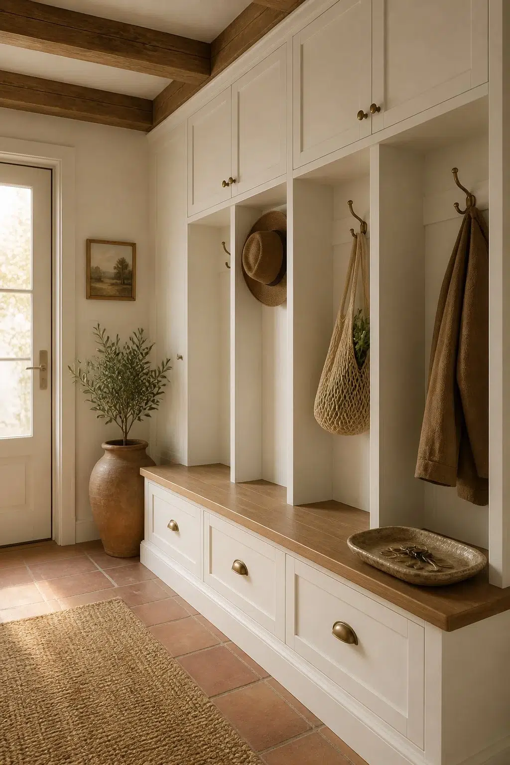 Ceiling Bright White paint in a earthy mudroom
