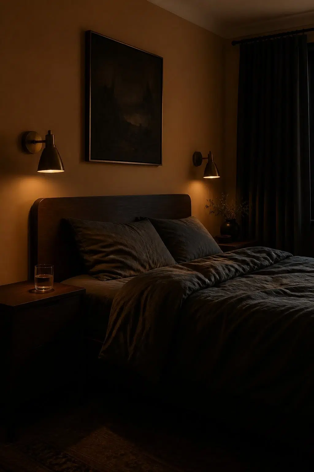 A moody bedroom painted in Ceremonial Gold
