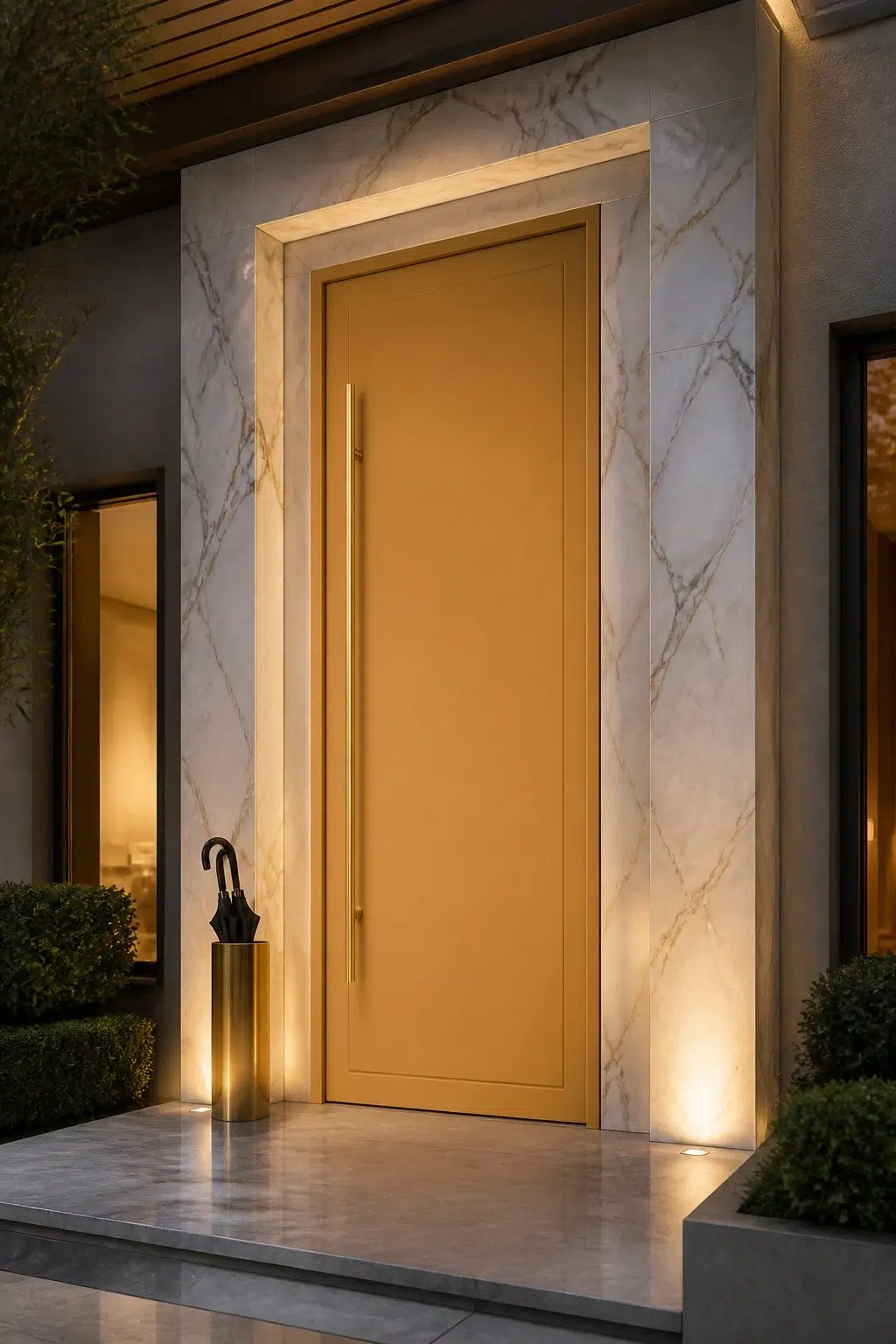 modern luxury front door featuring Ceremonial Gold by Sherwin-Williams