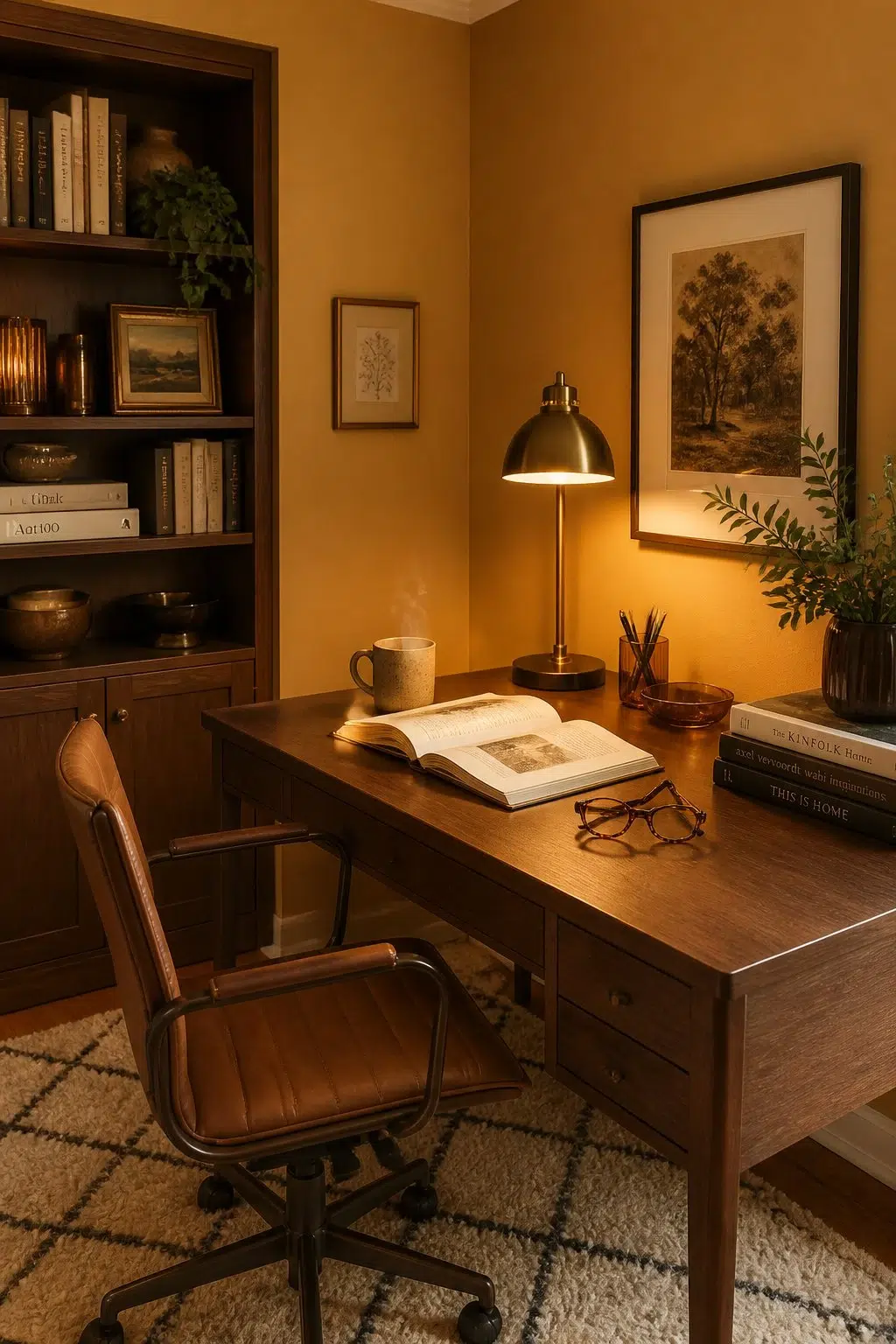 Sherwin-Williams Ceremonial Gold in a warm home office