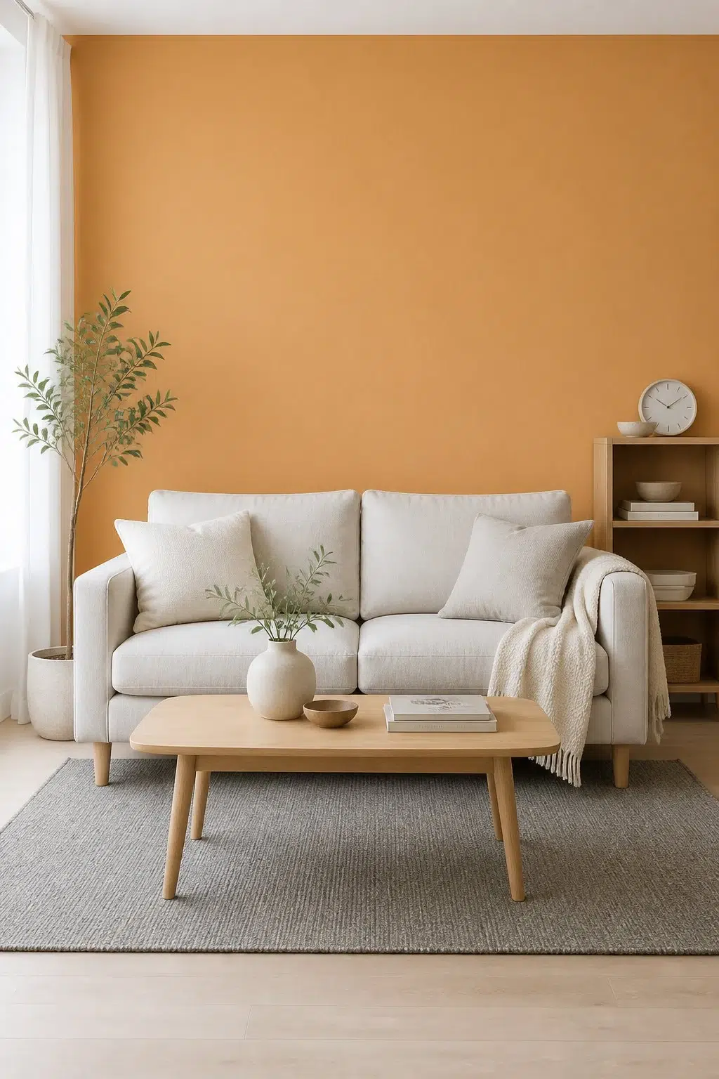 A scandinavian living room painted in Ceremonial Gold