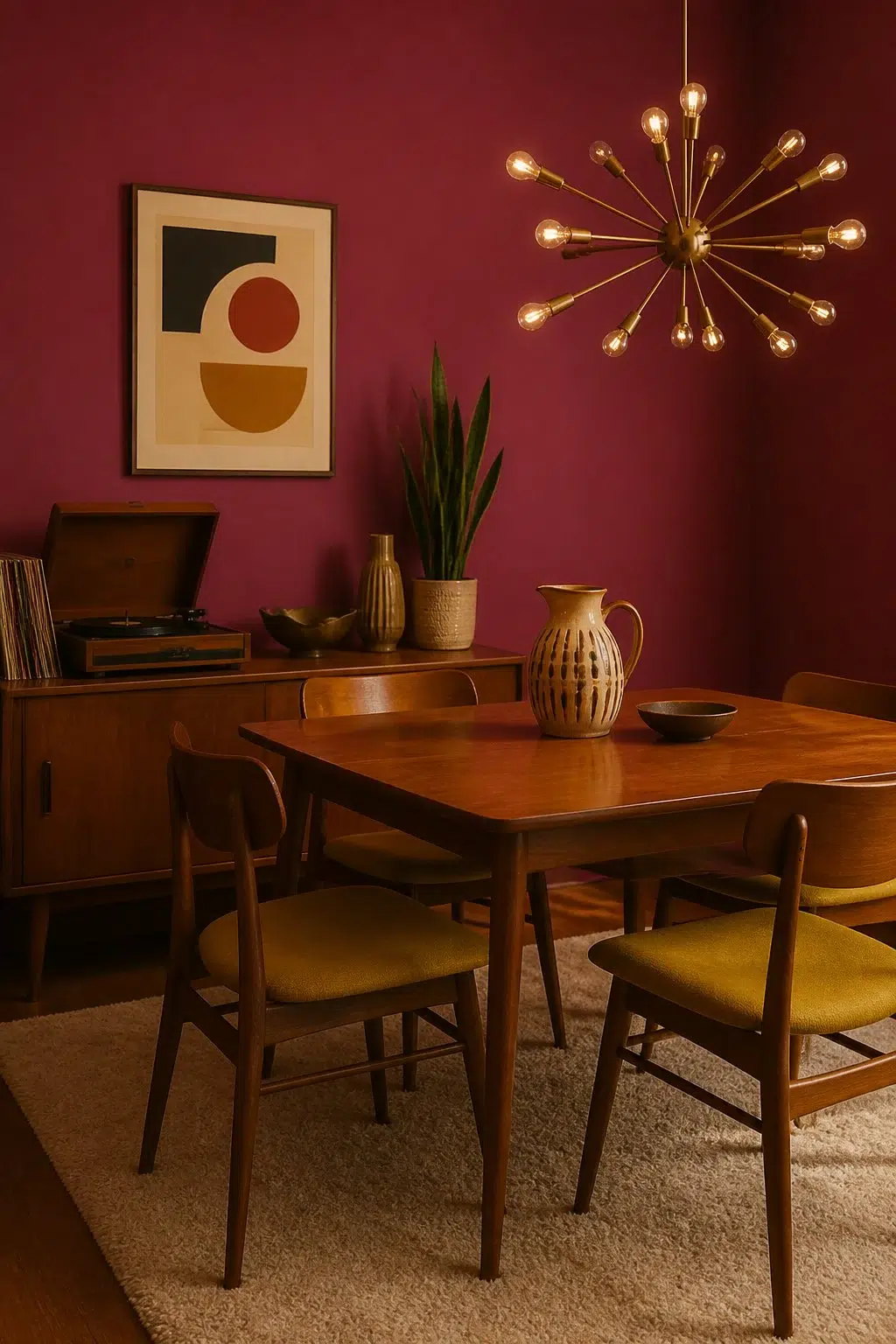 Cerise paint in a mid century dining room