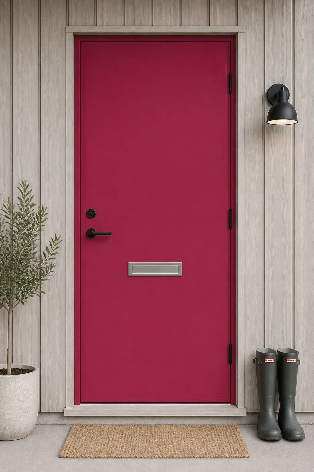 scandinavian front door featuring Cerise by Sherwin-Williams