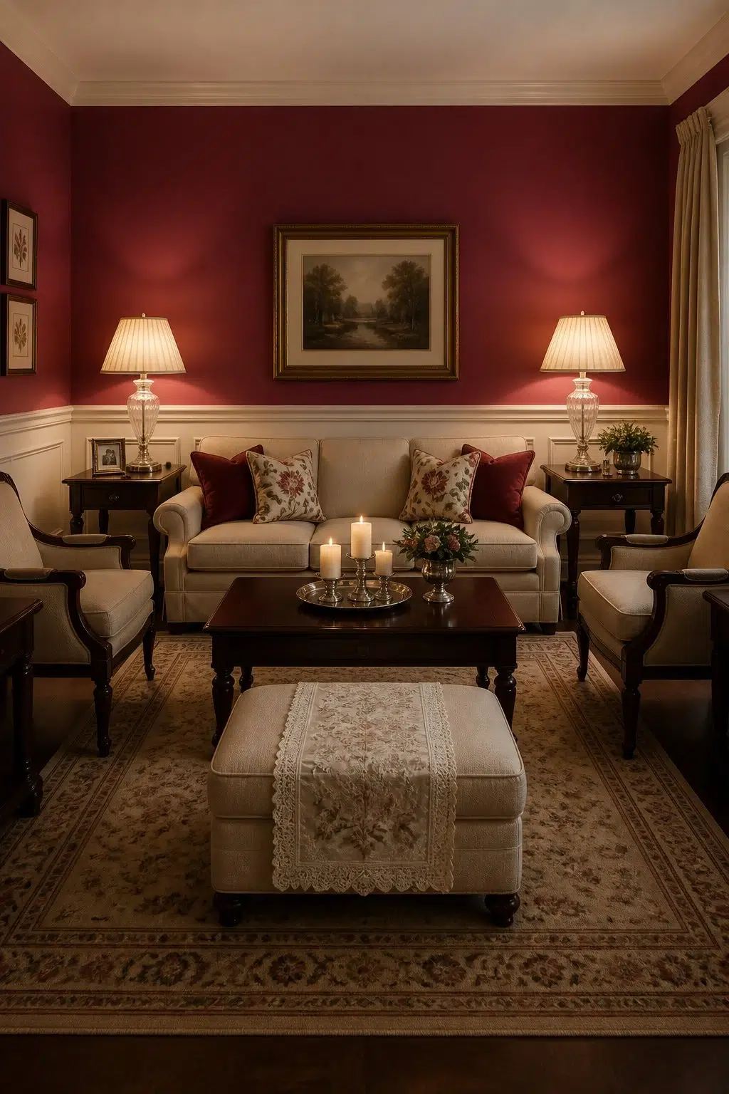 A traditional living room painted in Cerise
