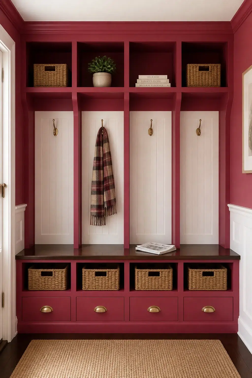 Cerise paint in a traditional mudroom
