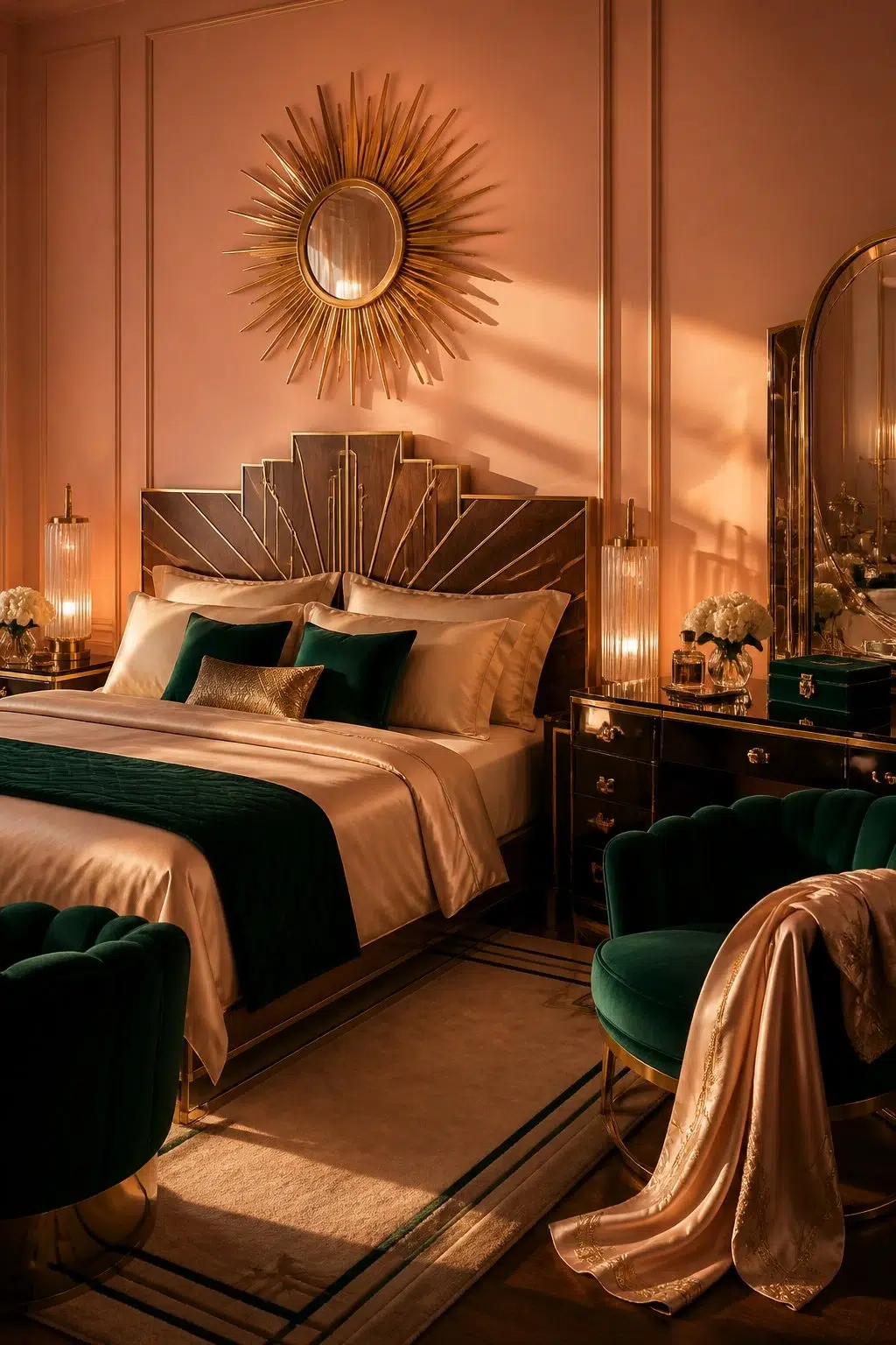 A art deco bedroom painted in Certain Peach