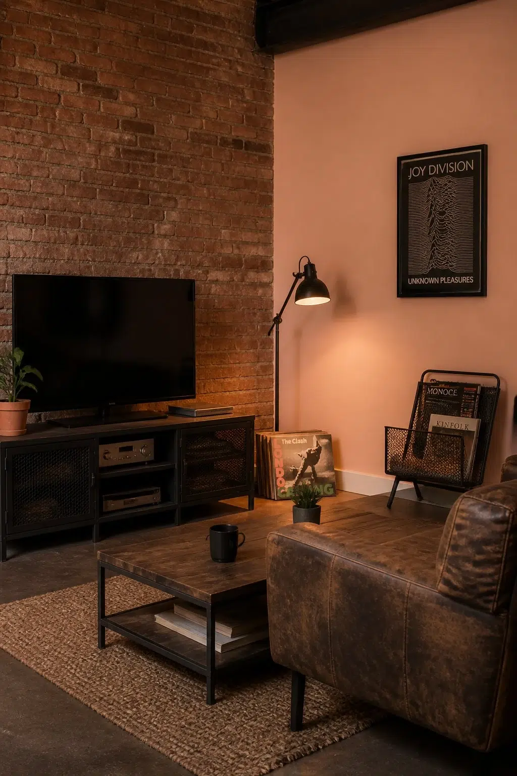 A industrial living room painted in Certain Peach