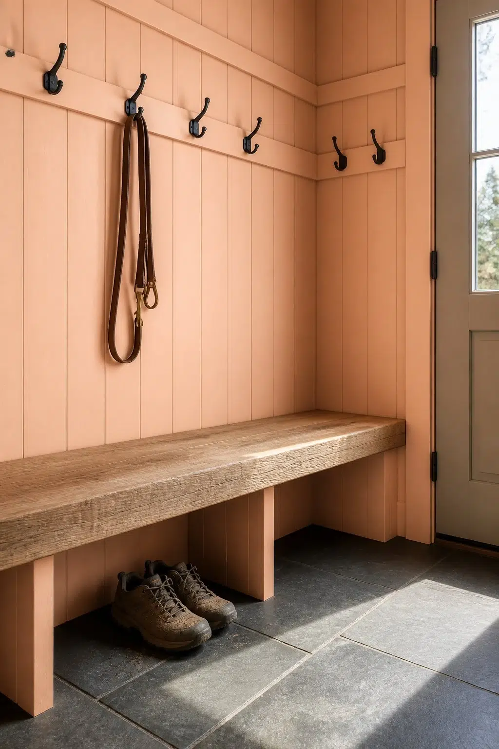 Certain Peach paint in a rustic modern mudroom