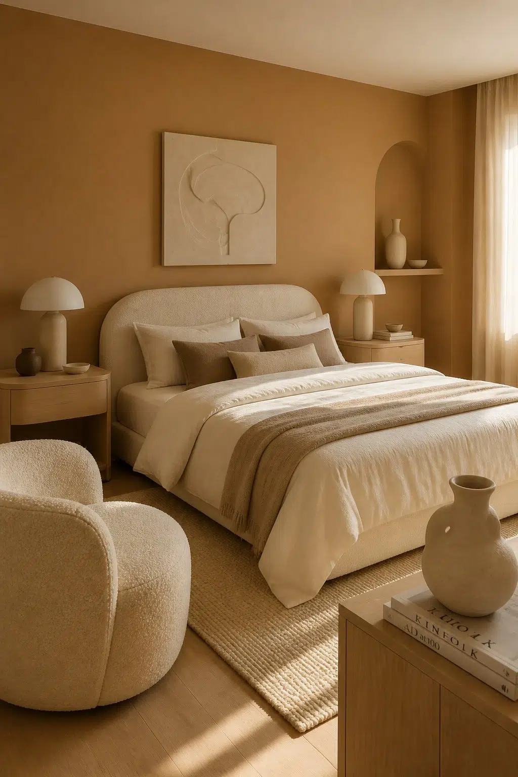A organic modern bedroom painted in Chamois