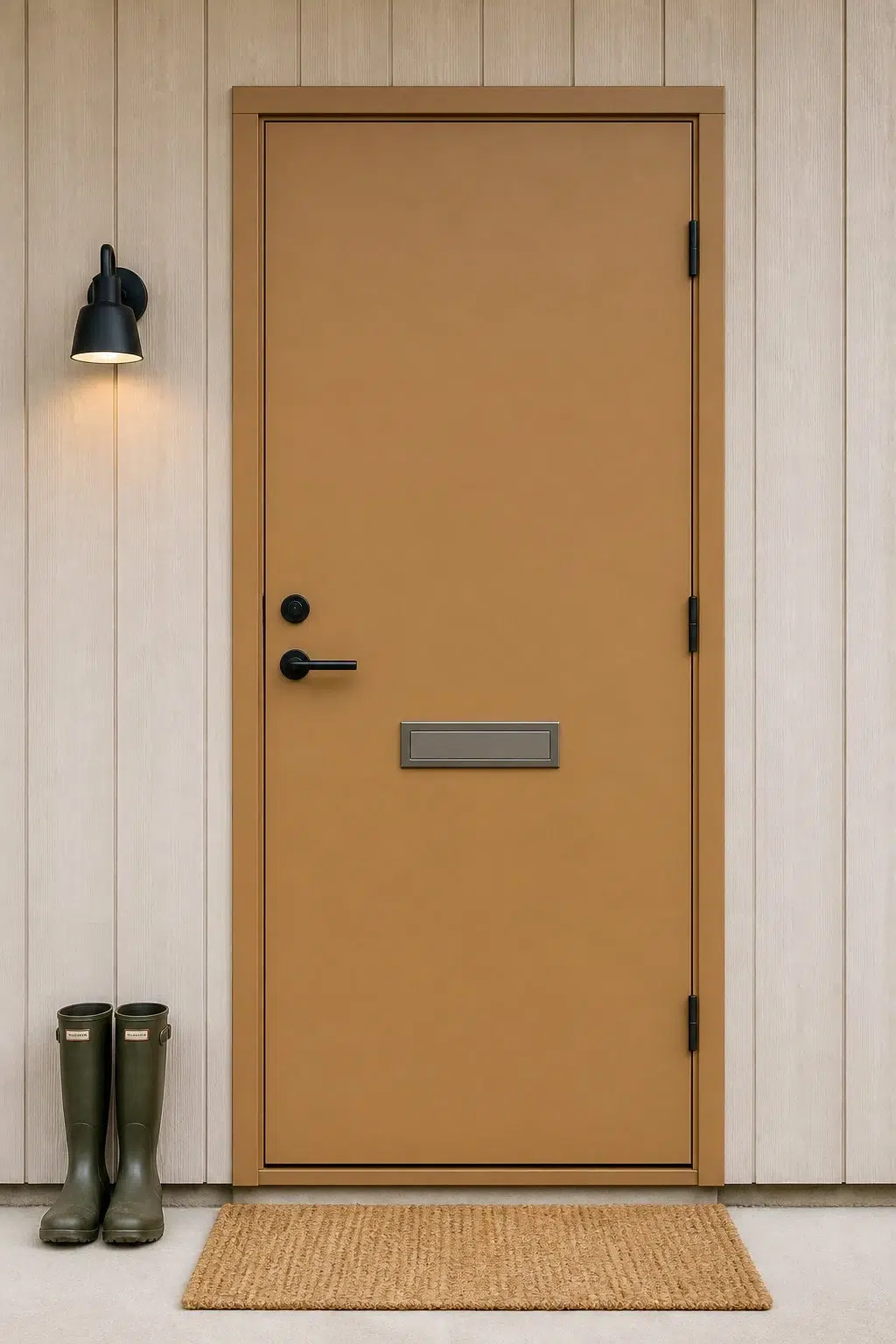 scandinavian front door featuring Chamois by Sherwin-Williams