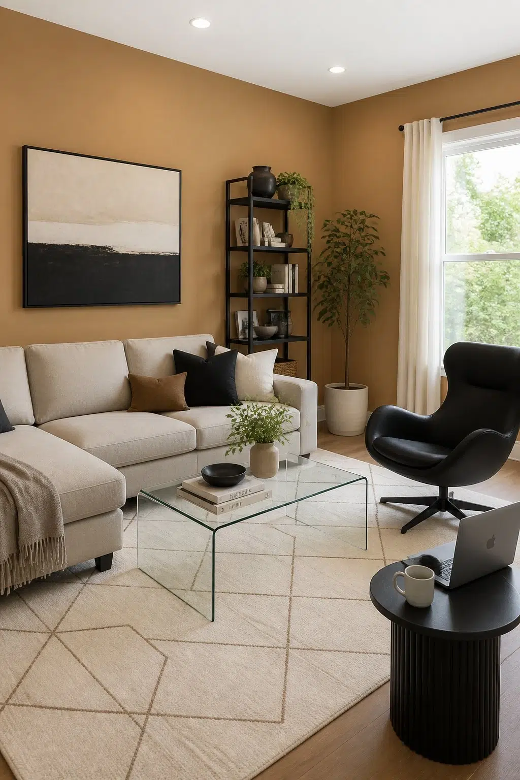 A contemporary living room painted in Chamois