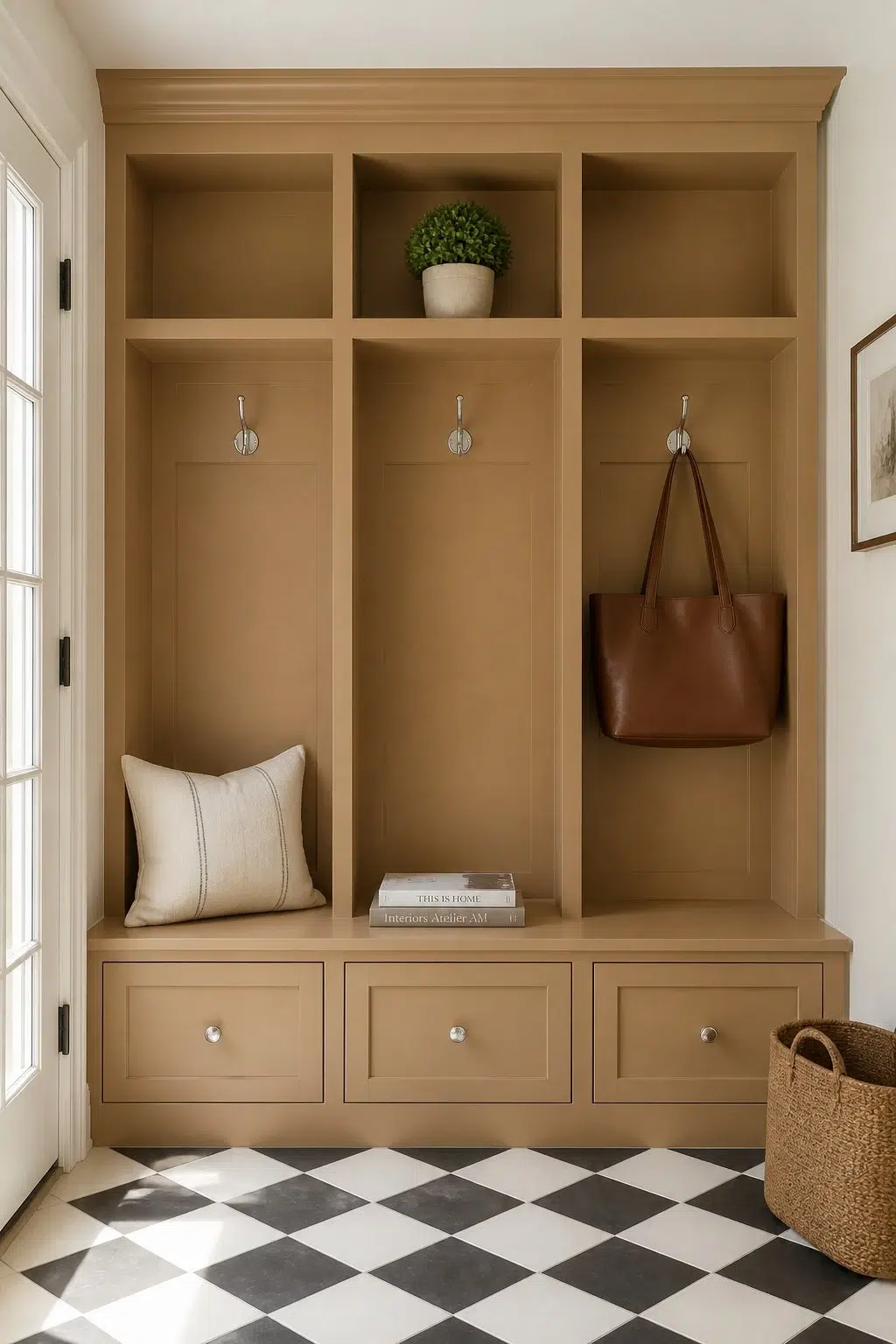 Chamois paint in a classy mudroom