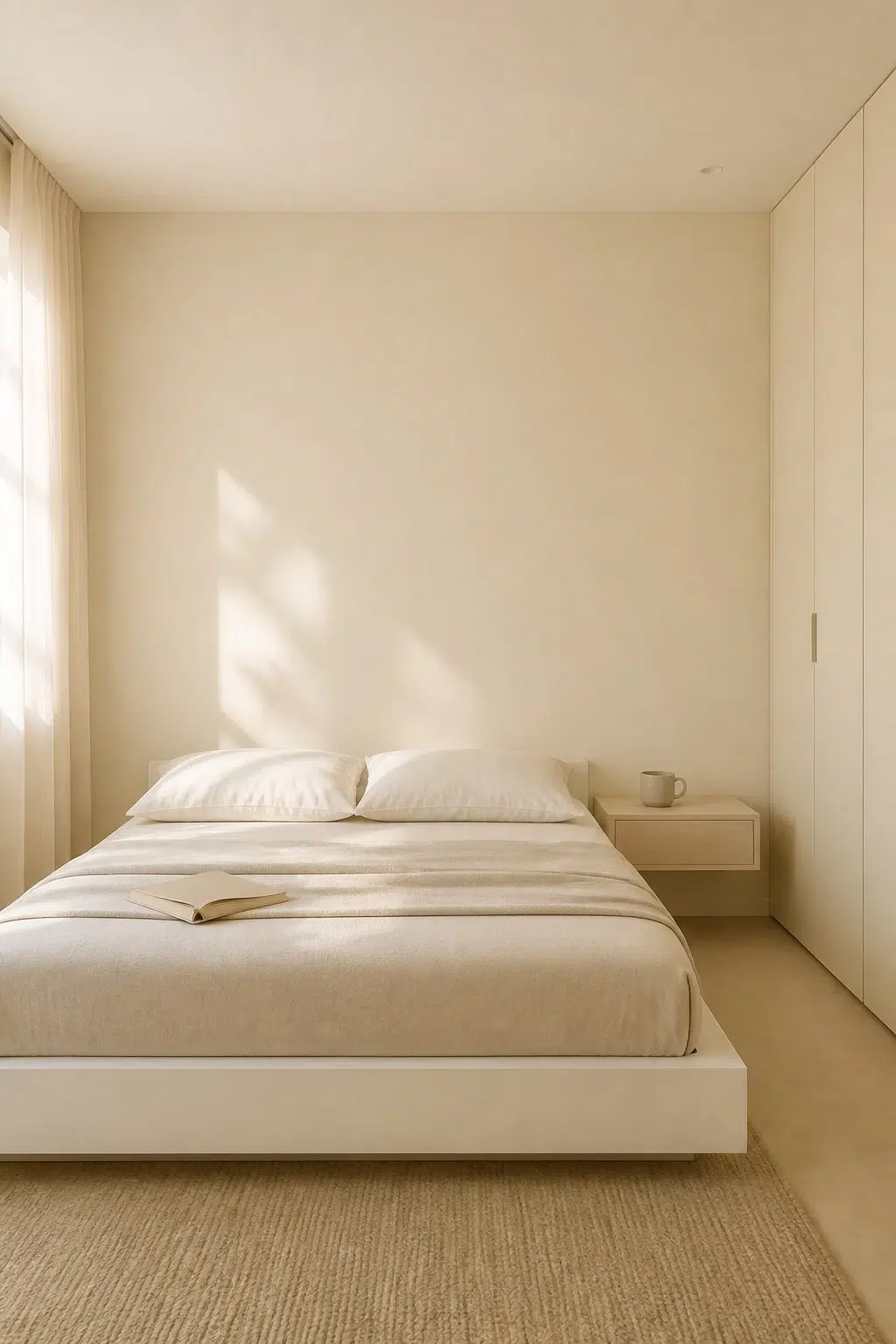 A minimalist bedroom painted in Chamomile