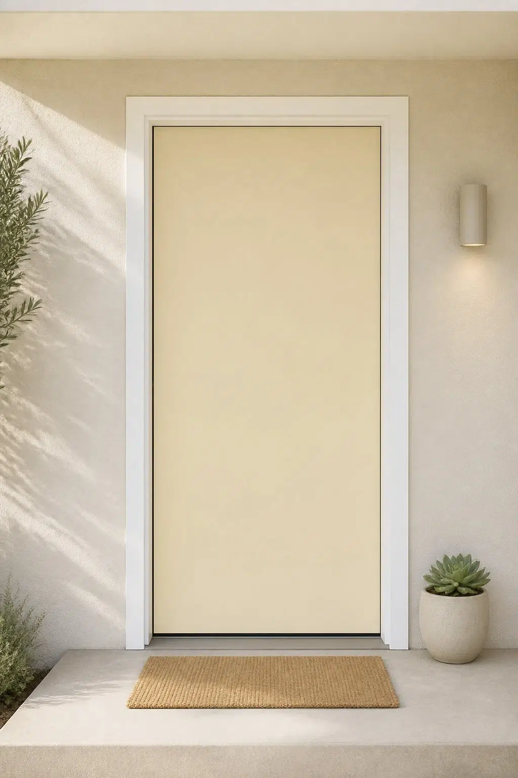 minimalist front door featuring Chamomile by Sherwin-Williams