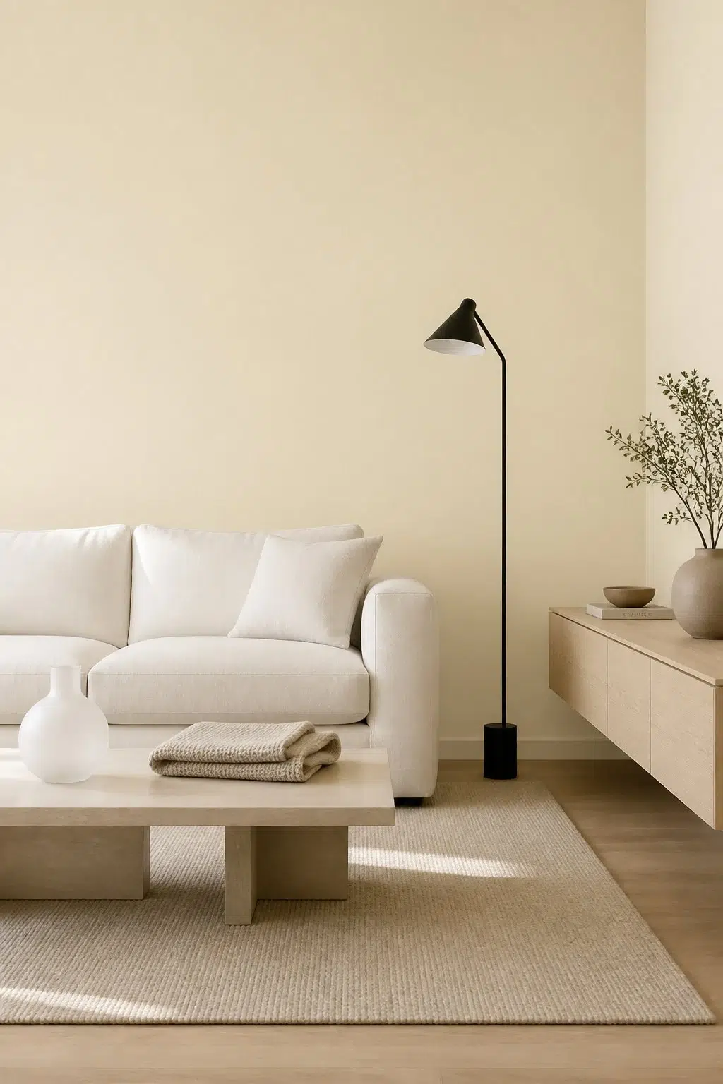 A minimalist living room painted in Chamomile